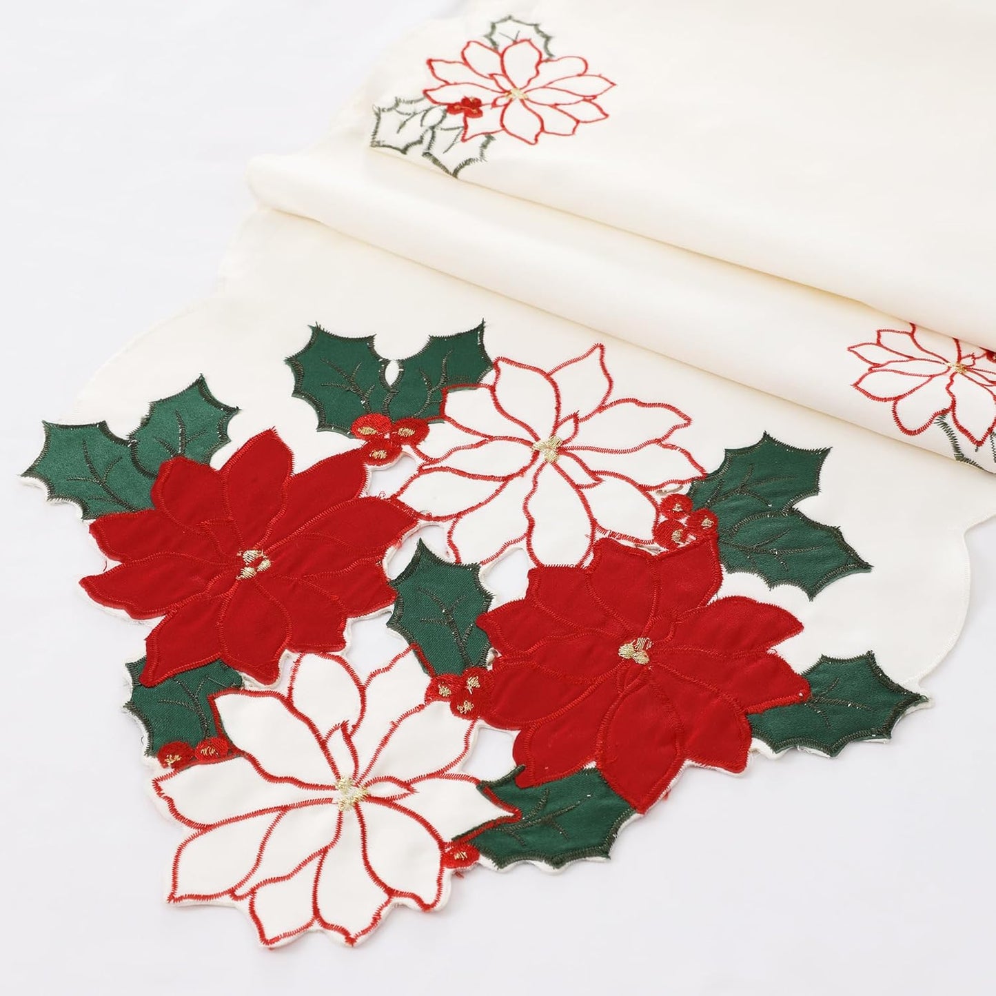 Christmas White Table Runner 13X70 Inches Long, Embroidered Red Poinsettia Flower Christmas Runner for Table, Xmas Dresser Scarves Holiday Parties Kitchen Farmhouse Dinner Decor