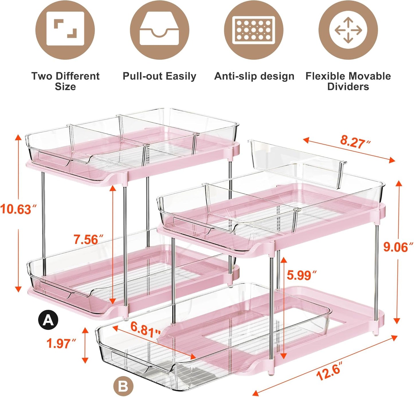 2 Sets of 2-Tier Multi-Purpose Bathroom under Sink Organizers and Storage, Stackable Kitchen Pantry Organization, Pull Out Medicine Cabinet Organizer with 8 Movable Dividers, Pink
