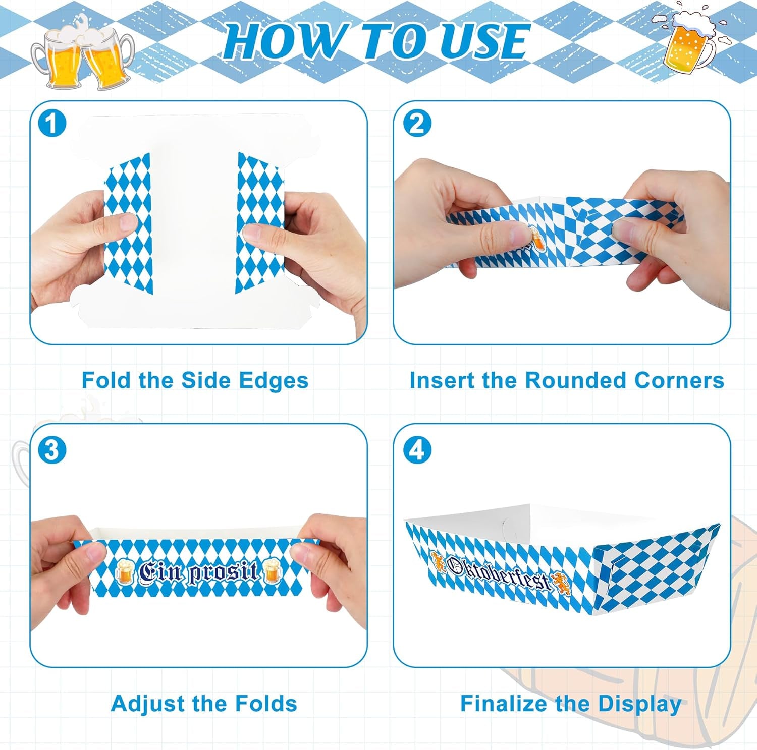 50 PCS Oktoberfest Paper Food Tray, Blue White Oktoberfest Party Supplies with 3 Designs, Disposable Oktoberfest Decorations, Fold-To-Assemble Boat Beer Festival Food Tray for Bavarian Celebration