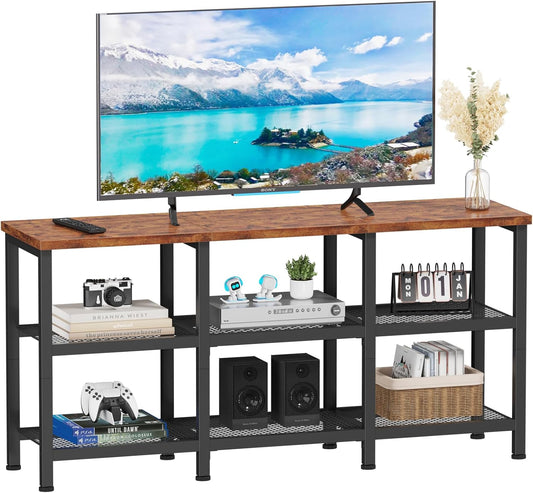 TV Stand, Small Media Console Table with 3-Tier Storage Shelves, Industrial Entertainment Center for Tvs up to 50 Inch, Television Stands for Living Room, Bedroom, Rustic Brown