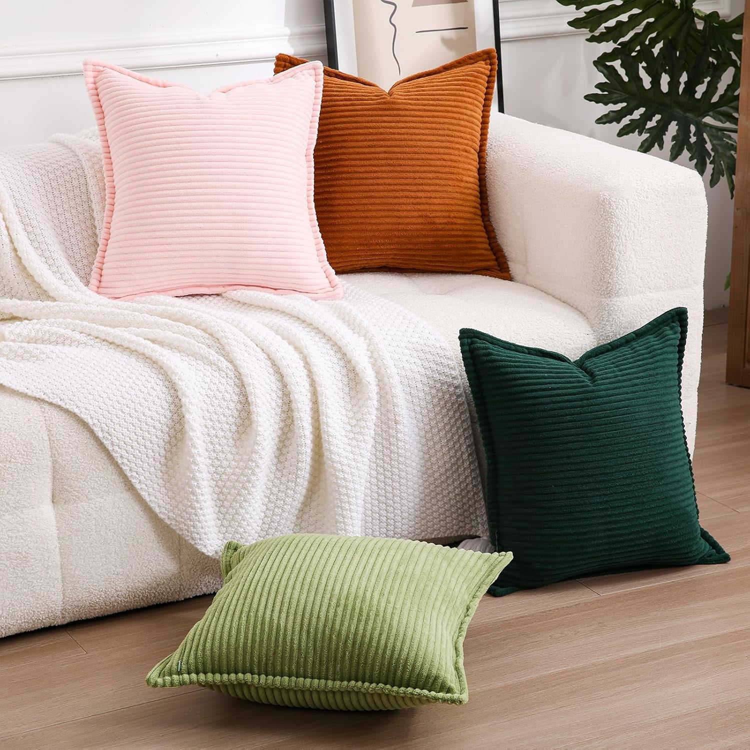 Valentines Day Decorations Corduroy Pink Throw Pillow Covers Set of 2 Striped Boho Decorative with Edge Design,Super Soft Throw Pillow Cushion Covers for Couch Sofa Living Room Solid Square 18Ă—18Inch