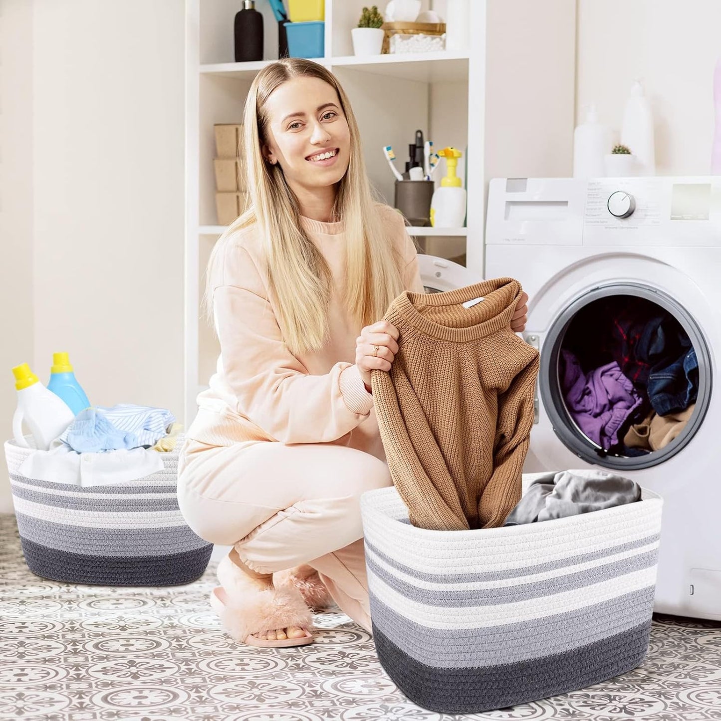 Storage Basket 3 Pack, Laundry, Blanket, Cotton Rope and Woven Baskets for Organizing, Toy Storage for Living Room, Laundry Room, Bedroom, Nursery, Grey