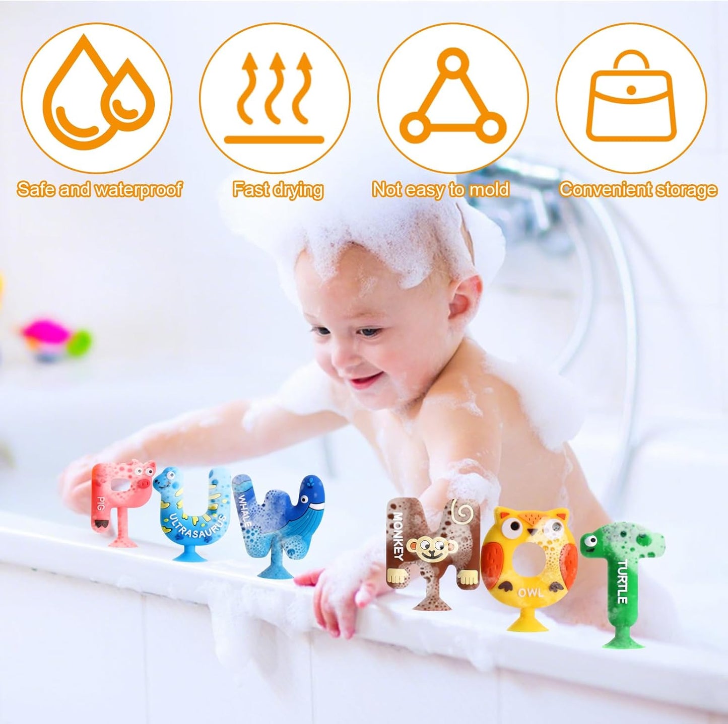 Suctionbath Toy,26Pcs Animal Suction Alphabet Bath Toys Kids,Educational Bath Toys Sensory Letters Waterproof Mold Free,Bathtub Letters to Stick to Tub,Silicone Toddler Learning Toys