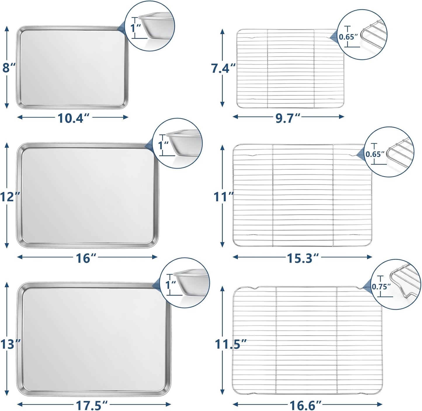 17.5 + 16 + 10.4 Inch Baking Sheets with Racks Set, Stainless Steel Baking Cookie Sheet Oven Pan and Cooling Rack, Healthy & Easy Clean, Oven & Dishwasher Safe, 3 Sizes & 6Pcs