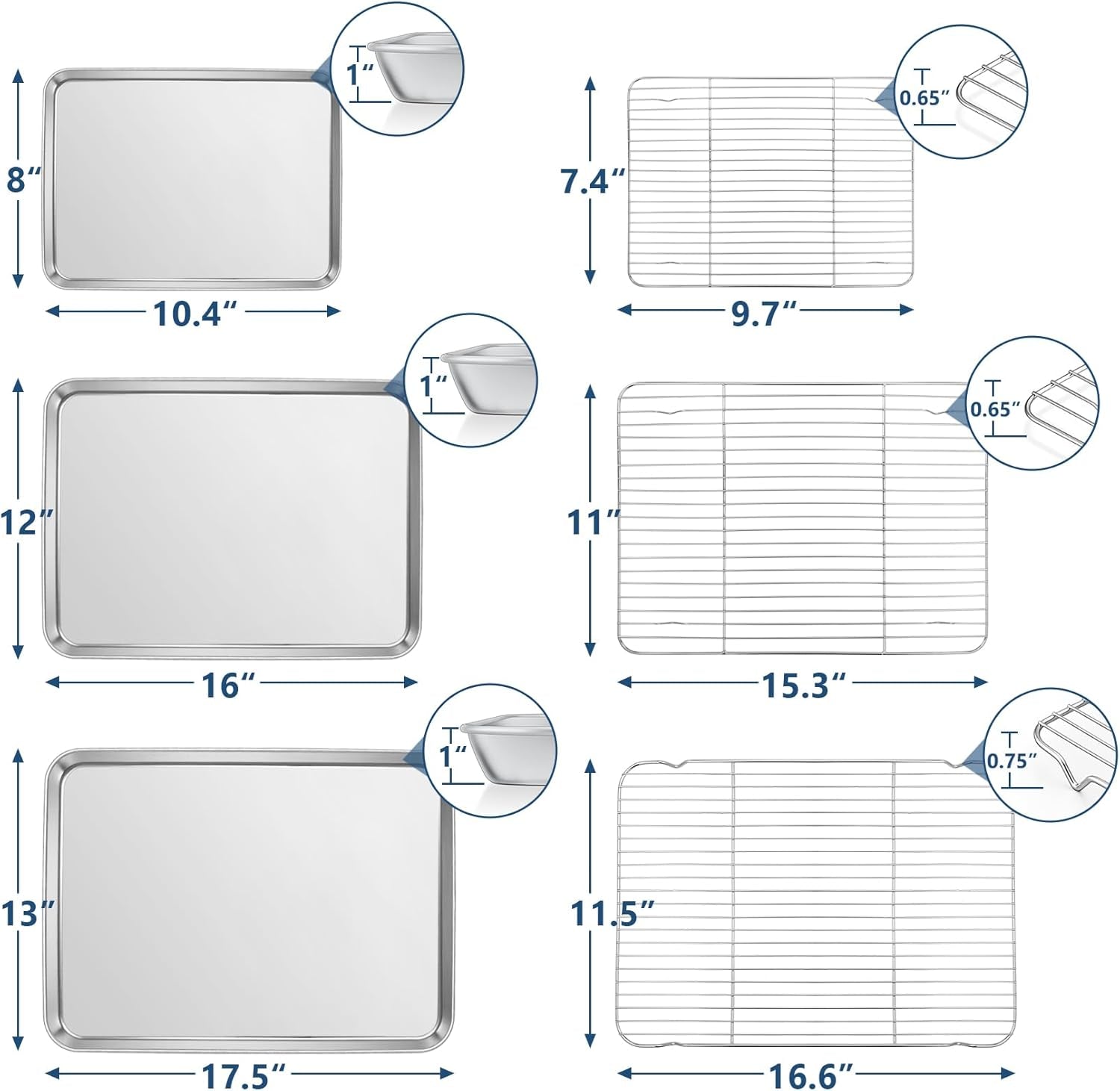 17.5 + 16 + 10.4 Inch Baking Sheets with Racks Set, Stainless Steel Baking Cookie Sheet Oven Pan and Cooling Rack, Healthy & Easy Clean, Oven & Dishwasher Safe, 3 Sizes & 6Pcs