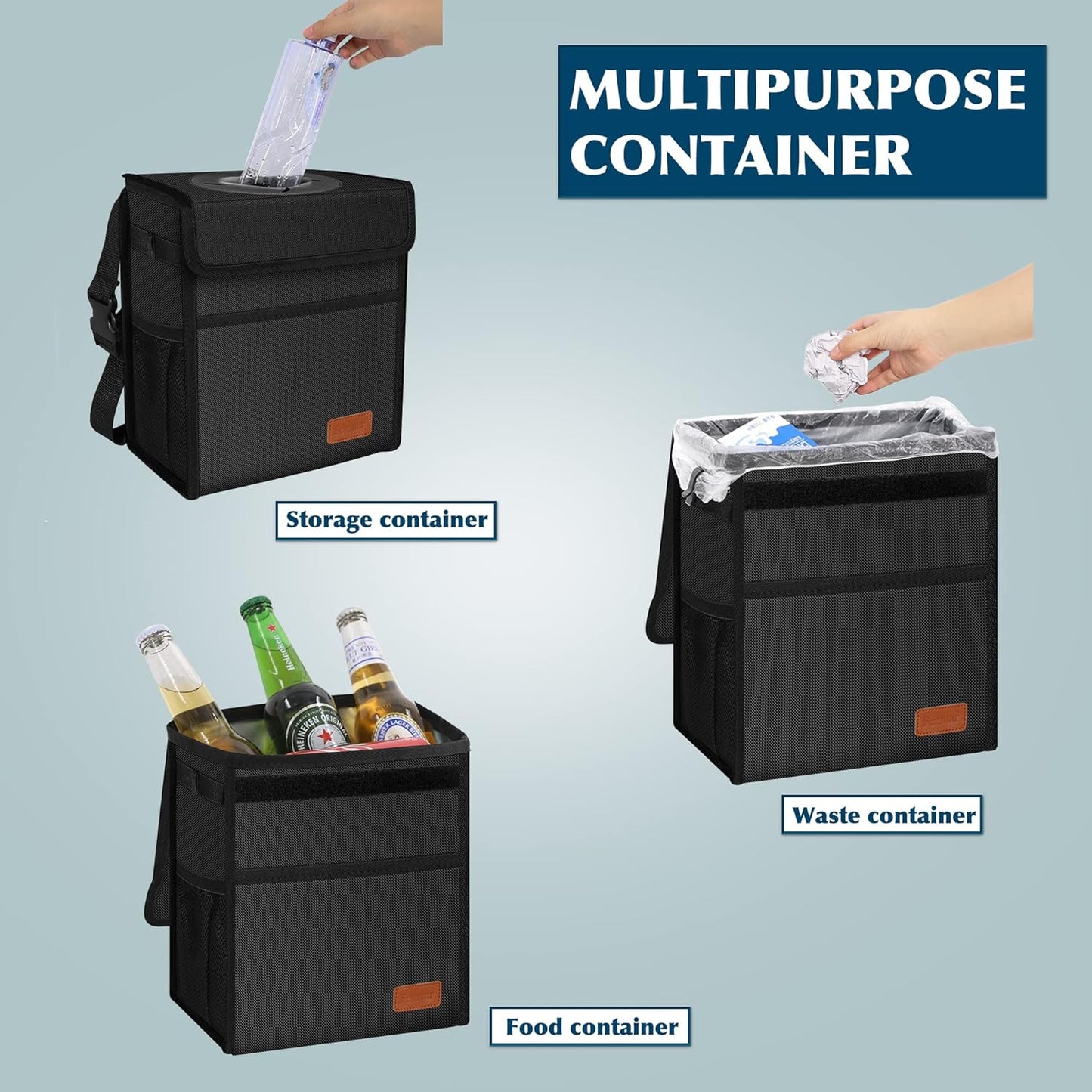 Leak Proof Car Trash Can with Lid - Waterproof Automotive Garbage Bin for Suvs, Collapsible and Portable Car Trash Bag, Black