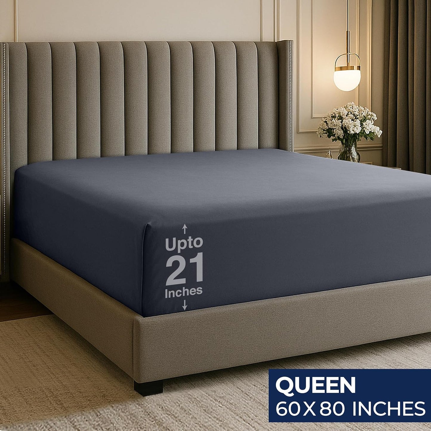 Queen Fitted Sheet Deep Pocket - Extra Deep Pocket Fitted Sheet - Fits up to 21 Inch Mattress - Shrinkage and Fade Resistant - Easy Care - 1 Fitted Sheet Deep Pocket Only (Grey)