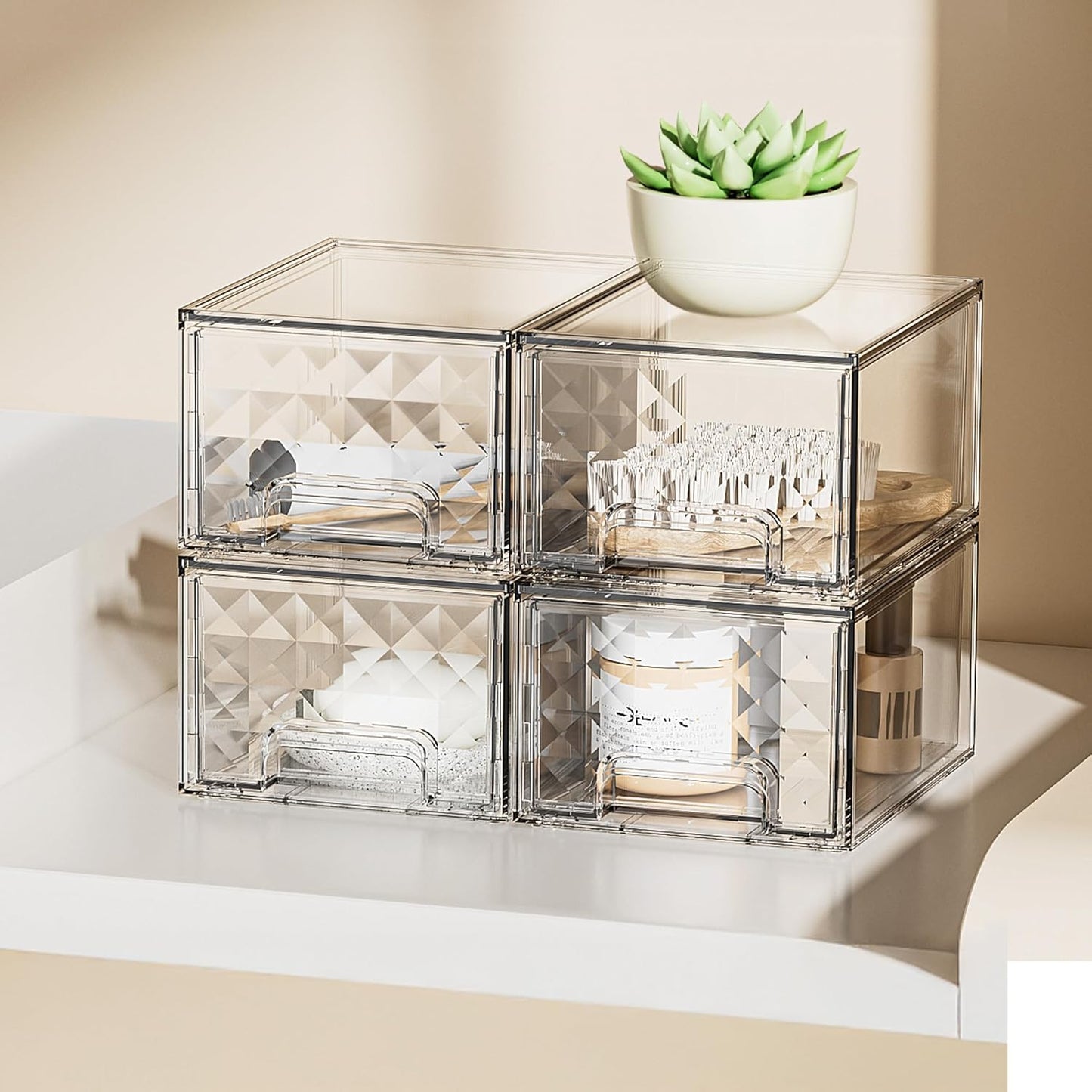 2 Pack Stackable Storage Drawers, Makeup Skincare Holder Vanity Storage Organizer, Plastic Drawers for Vanity Desk, Undersink, Kitchen Cabinet, Pantry, Bottle Organizer Baby and Storage,Clear