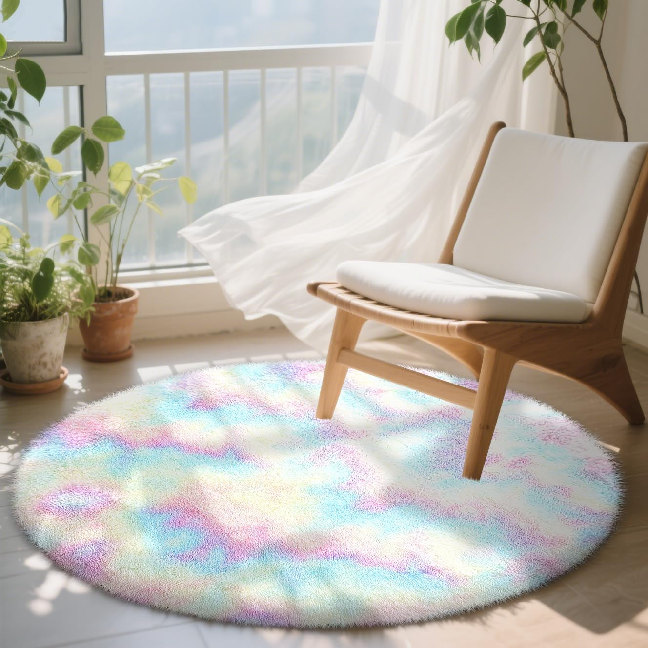Rainbow round Rugs for Bedroom - Machine Washable, 4X4 Feet Circle Area Rugs for Living Room, Soft and Fluffy Shaggy Carpet for Teen Girls and Boys, Nursery Rooms, Dorms, Home Decor Aesthetic