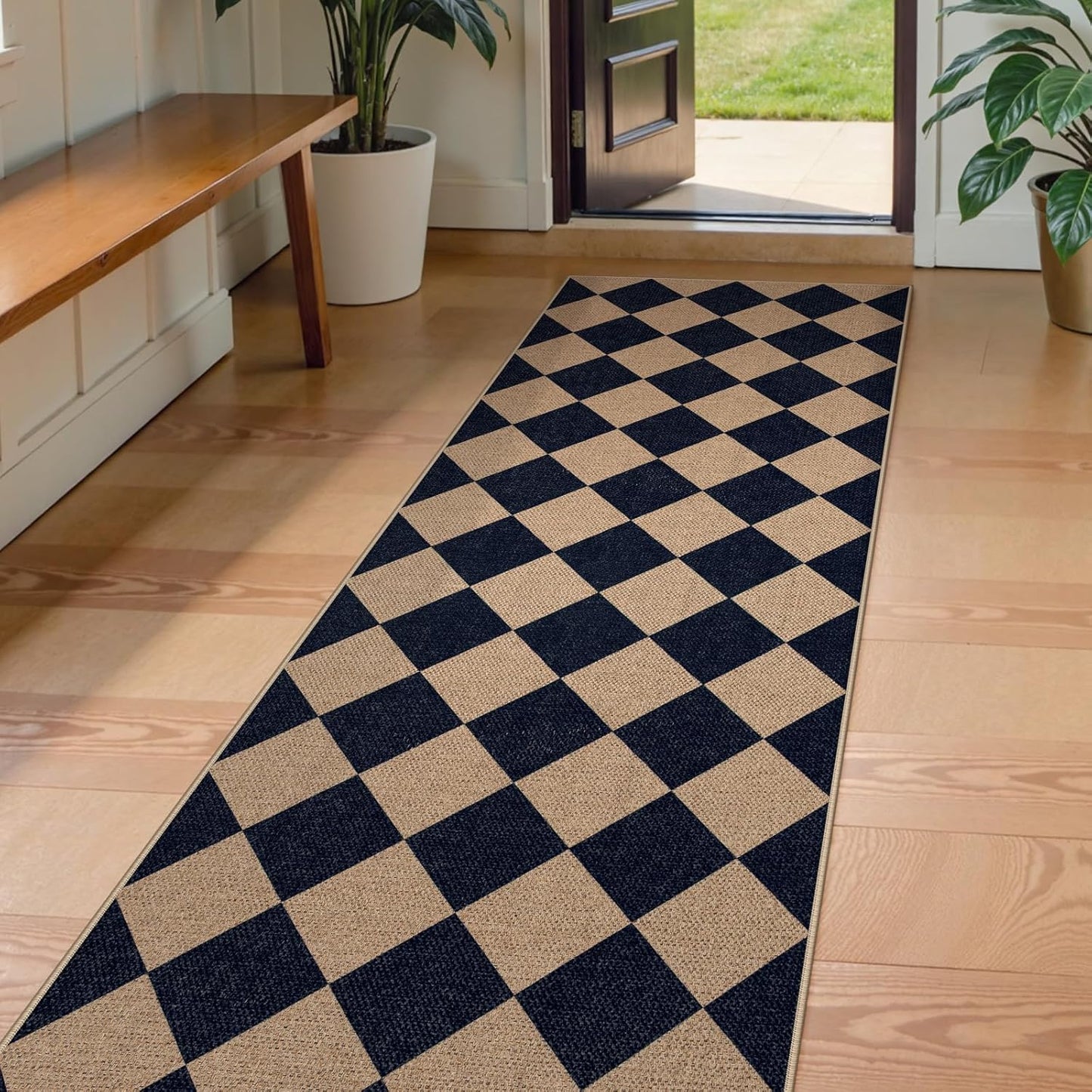 Checkered Easy Jute Runner Rug, Carpet Runners for Hallway 8Ft Washable Rug Non Slip Kitchen Runner, Checkerboard Black Indoor Outdoor Carpet for Entryway