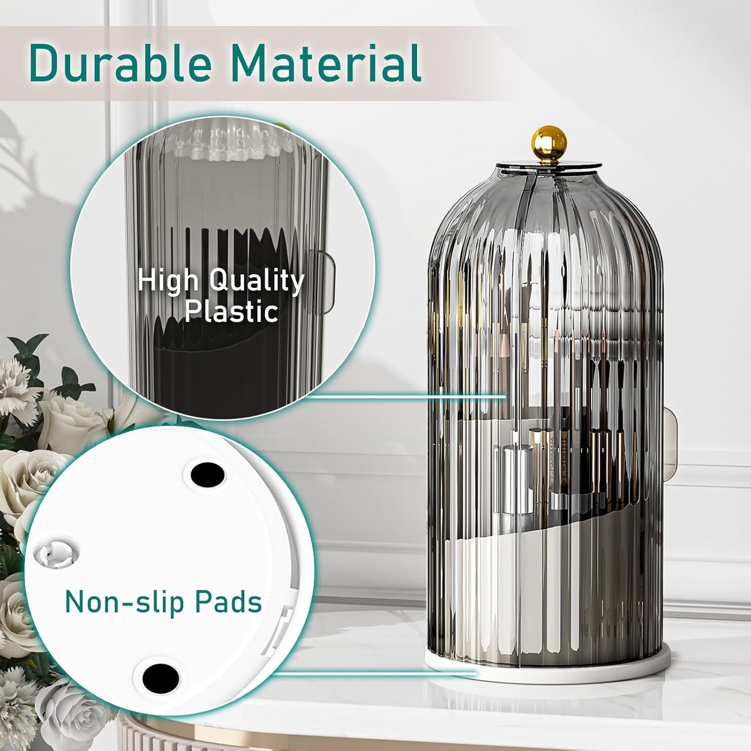 Makeup Brush Holder with Lid Cosmetic Tools Organizer 360 Rotating Waterproof Dustproof Makeup Brushes Storage for Vanity, Grey