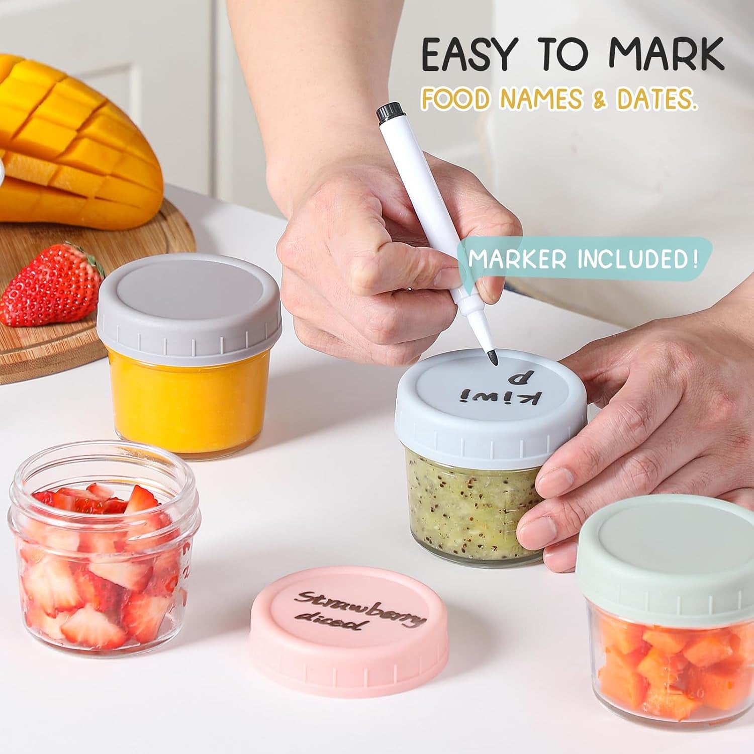 6 Pack Glass Baby Food Storage Containers - 4 Oz Baby Food Storage Jars with Lids, Baby Food Maker, Microwave, Dishwasher & Freezer Safe