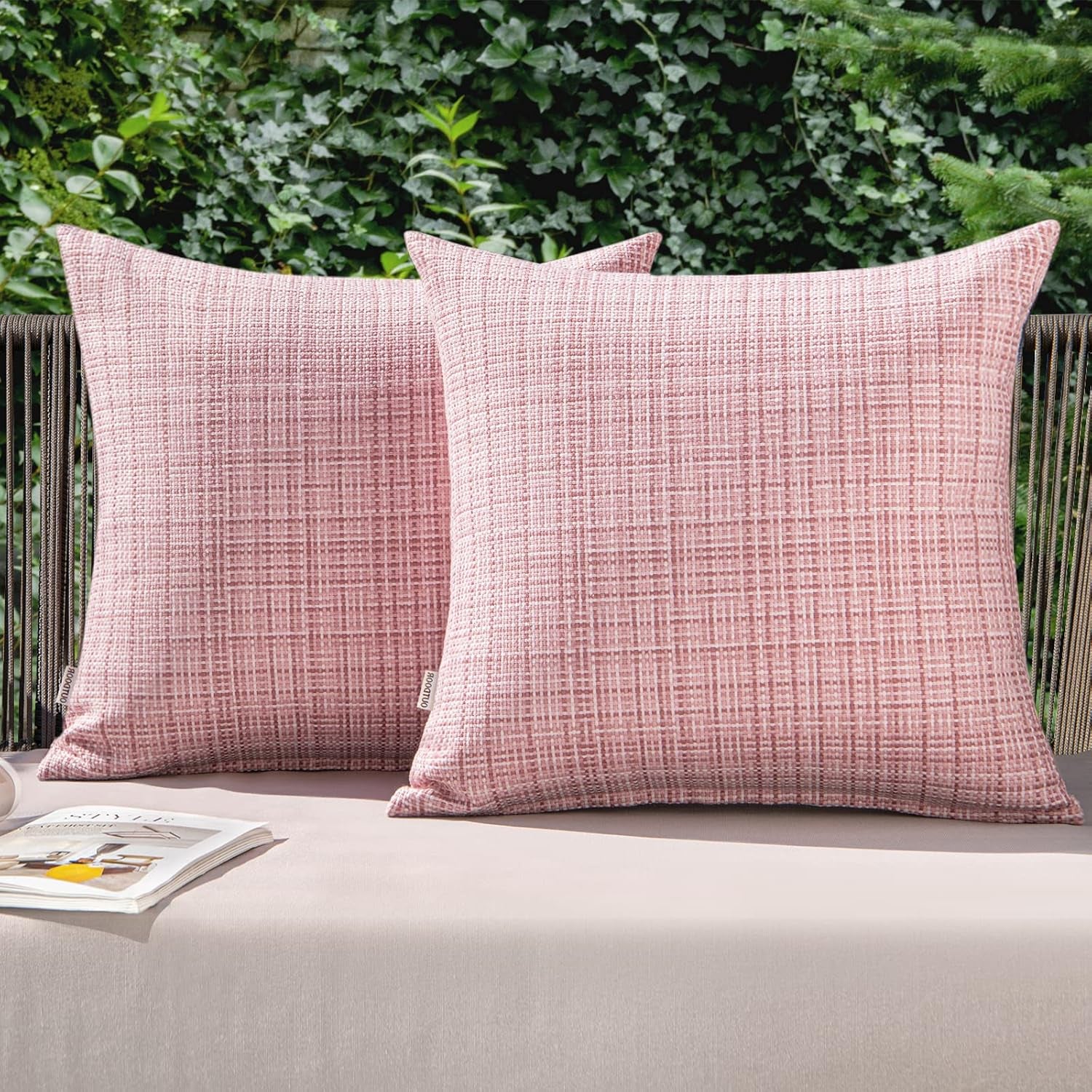 Outdoor Waterproof Throw Pillow Covers Decorative Farmhouse Water Resistant Cushion Covers for Tent Patio Garden Couch Sofa Pack of 2, 16X16 Inch Pink