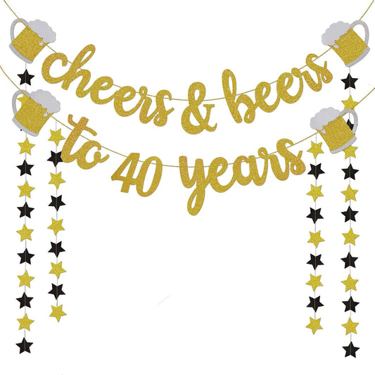 Cheers & Beers to 40 Years Gold Glitter Banner - 40Th Birthday Decorations for Him / Her - 40Th Birthday Gifts - 40 Years Anniversary Decorations - 40Th Wedding Party Supplies for Men / Women