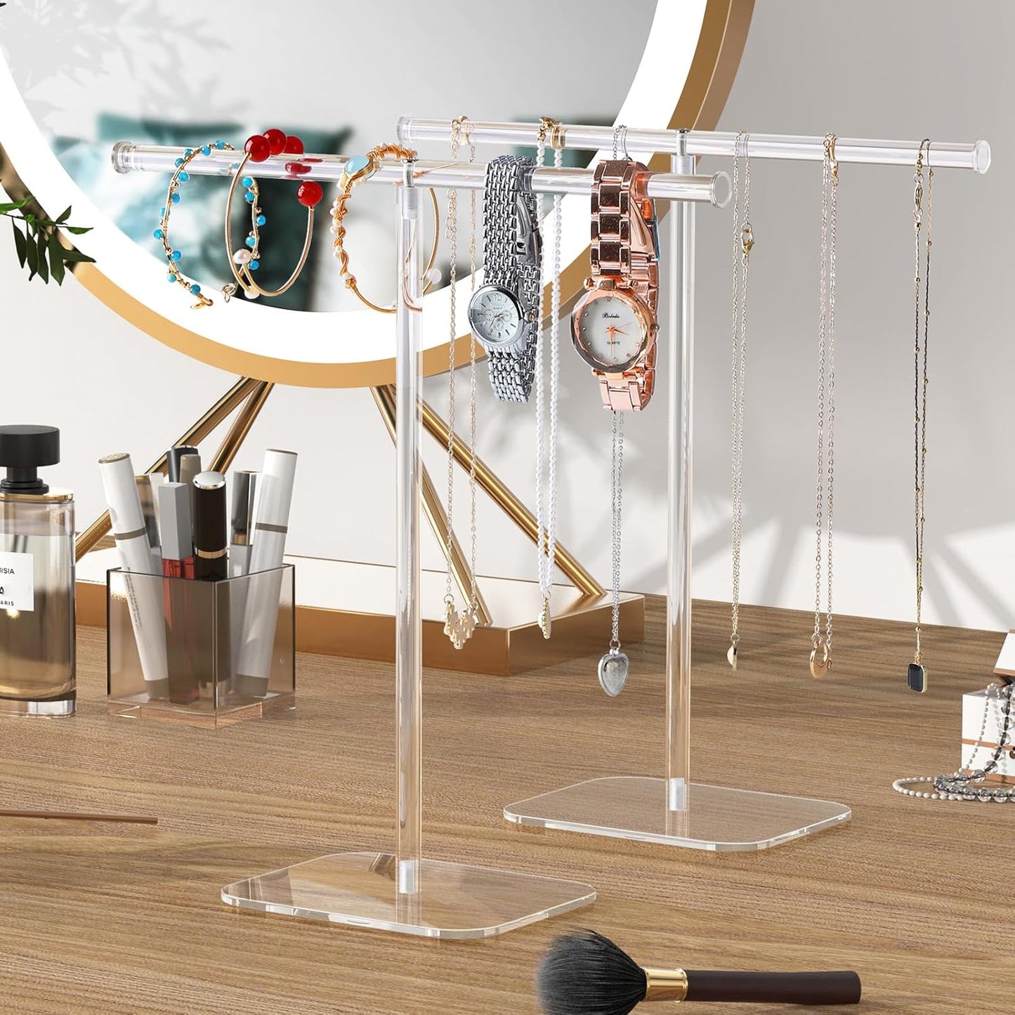 Jewelry Stand Necklace Stand 2 Tower, Clear Necklace Holder Jewelry Holder, Acrylic Jewelry Organizer, Bracelet Hanging Organizer, Display Stand for Bangles, Rings, Earrings and Watch