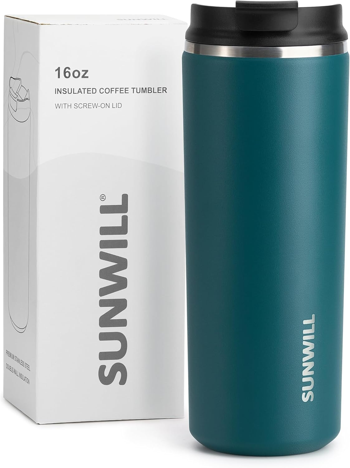 Travel Coffee Mug with Lid, Leak Proof Tumbler Stainless Steel, 16 Oz Insulated Cup for Water, Tea, Ice, Powder Coated Peacock Blue