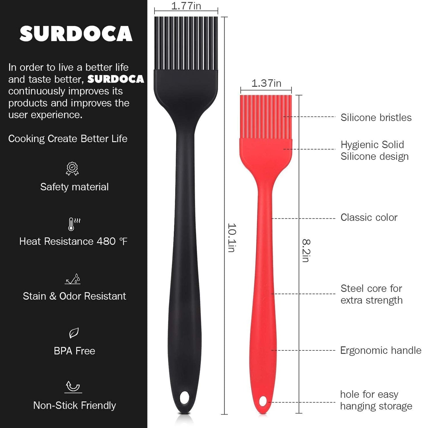 Silicone Pastry Basting Brush - 2Pcs 10 + 8 in Heat Resistant Brush for Baking Cooking Food, BPA Free Kitchen Brush for Sauce Butter Oil, Stainless Steel Core Design for Barbecue BBQ Grilling