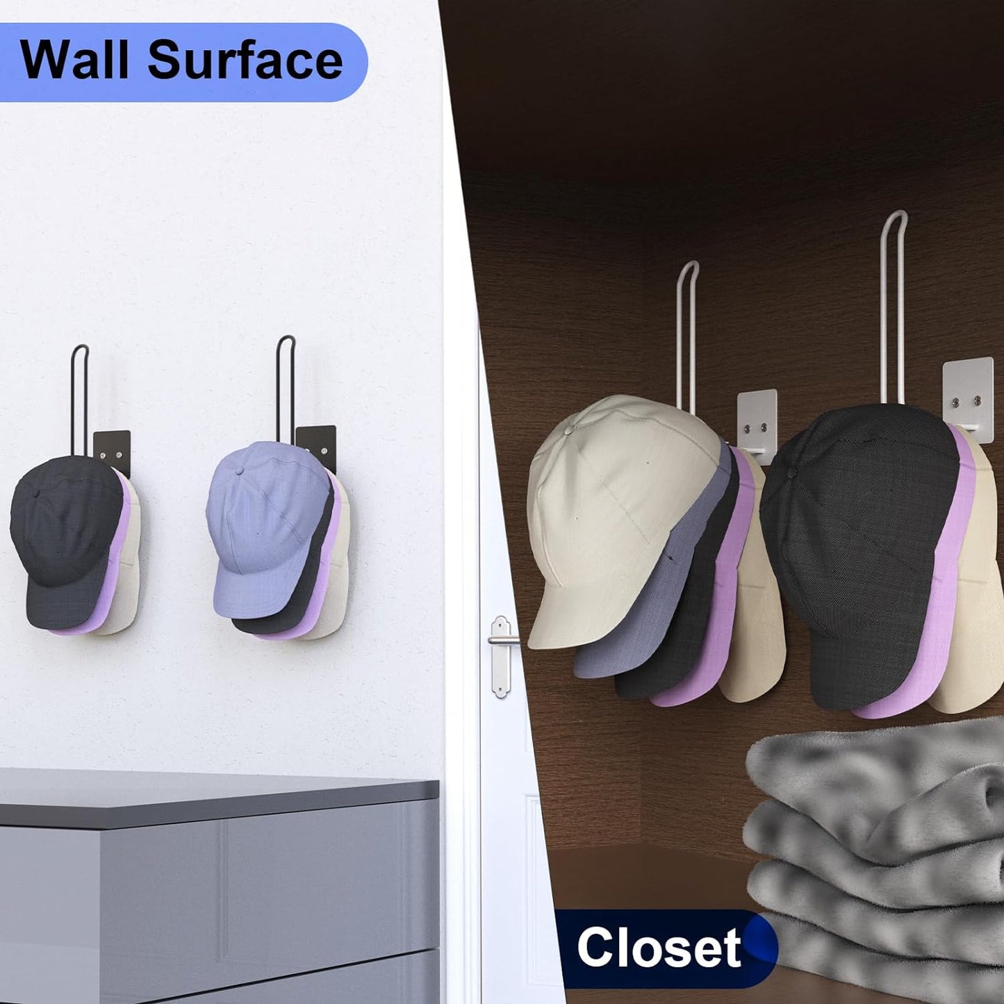 2 Pack Hat Racks - Organizer & Holder for Caps, Strong Adhesive/Wall Drilled for Door, Bedroom, Closet (Black)