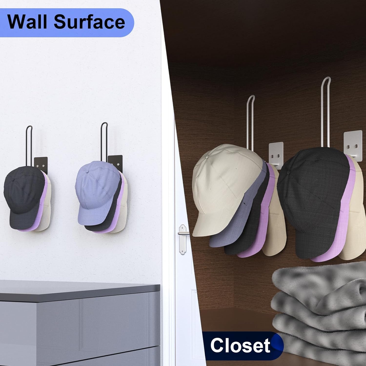 2 Pack Hat Racks - Organizer & Holder for Caps, Strong Adhesive/Wall Drilled for Door, Bedroom, Closet (Black)
