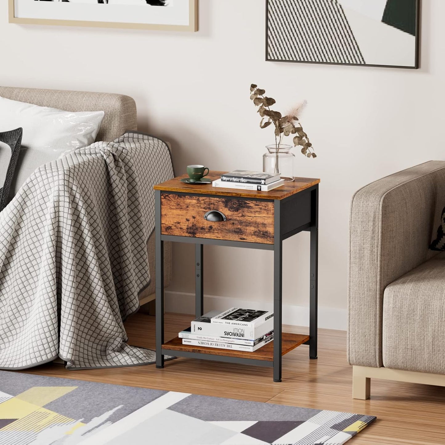 End Table with Storage Shelf and Fabric Drawer, 2 Tiers Industrial Nightstand, Bedside Table Organizer for Living Room Bedroom, Rustic Brown, Easy Assembly