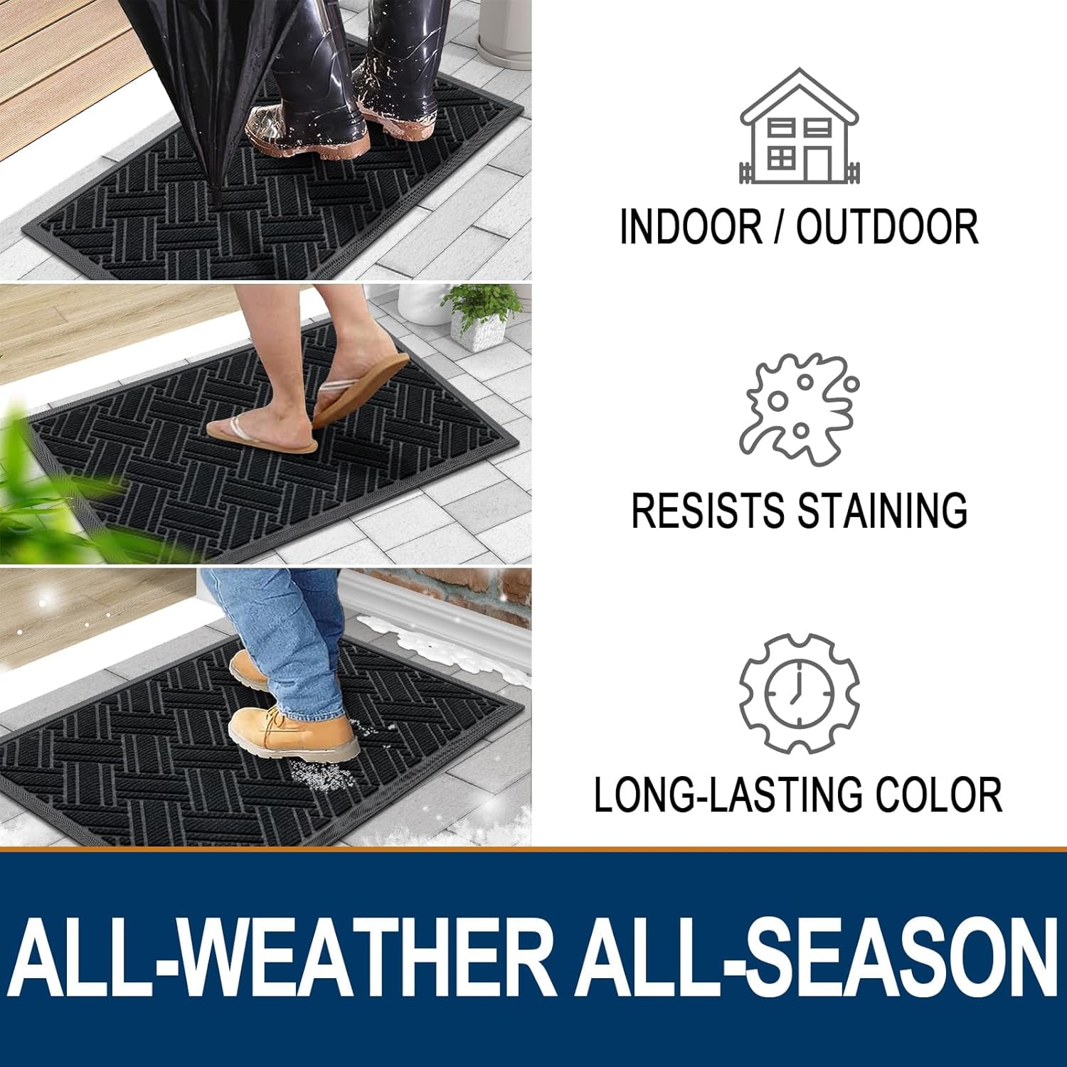 Indoor Outdoor Mat, Sturdy Natural Rubber Floor Mat, Non Slip Low Profile Waterproof Doormat, and Stain Front Door Mats, Easy Clean Patio Entrance Mat, 30''X17'', Black