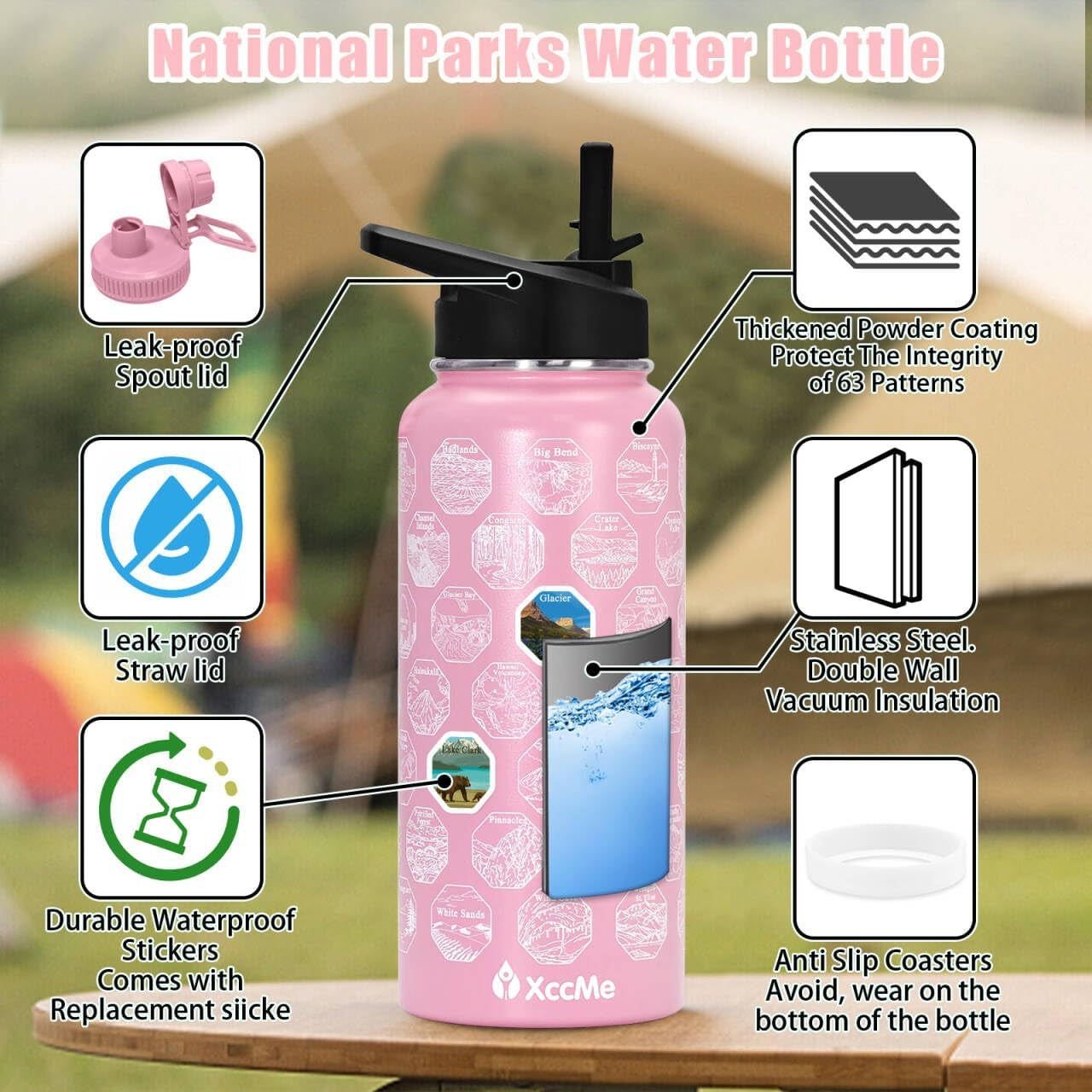 63 National Parks Water Bottle with Stickers,32 Oz Stainless Steel Insulated Water Bottle with Straw,2 Lids,Leak Proof Metal Water Bottle for Hiking,Travel,Sports,Camping,Wide Mouth Bottle