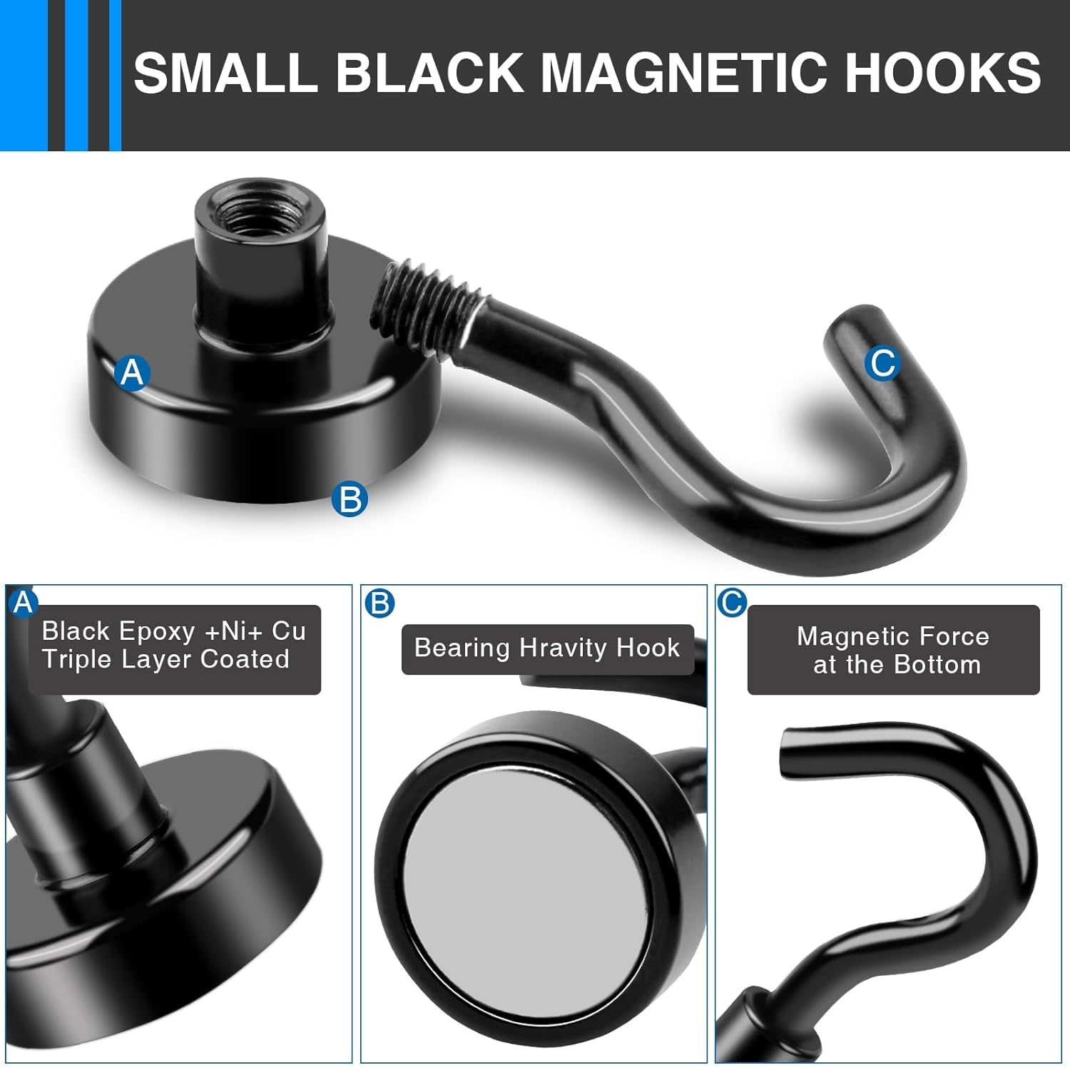 Black Magnetic Hooks, 30Lbs Strong Magnetic Hooks Heavy Duty with Epoxy Coating for Refrigerator, Magnetic Cruise Hooks for Hanging, Classroom, Office, and Kitchen - Pack of 12