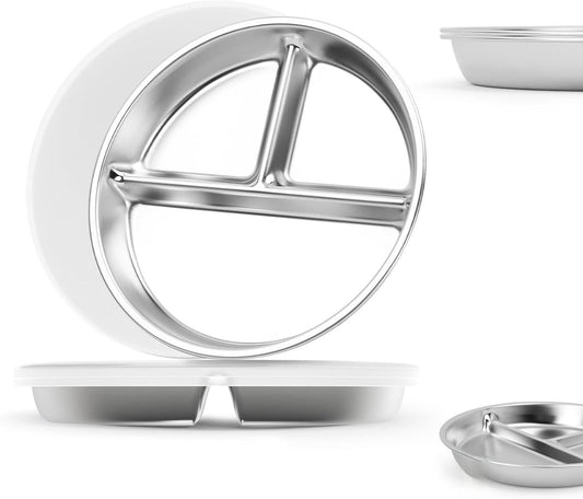 Stainless Steel Kids Plates with Lid 2 Packs, Deepened 9" Portion Control Plate Divided Plate for Adults Bariatric Weight Loss & Diabetic Diet, Non Toxic Unbreakable Toddlers Lunch Dishes