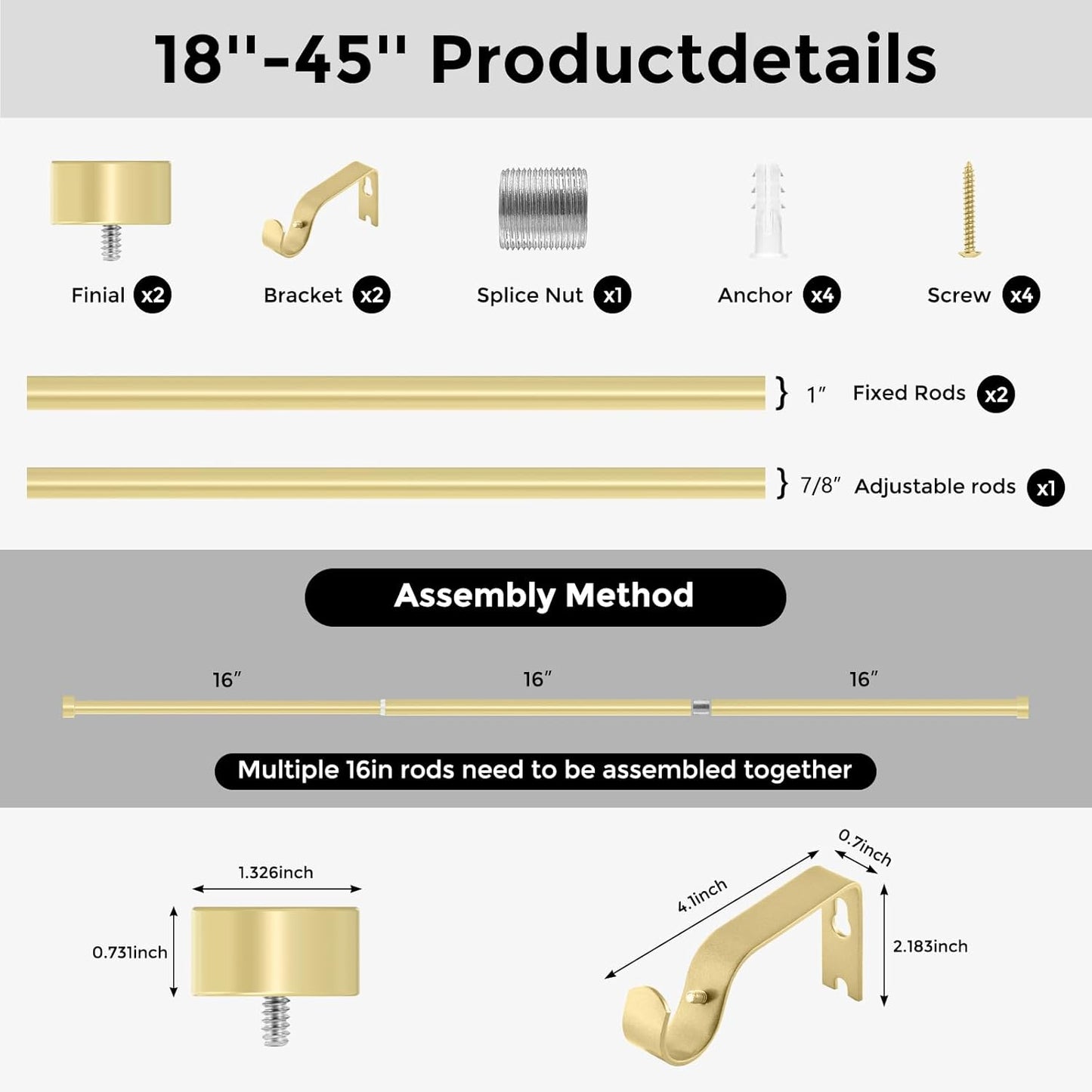 Gold Curtain Rods for Windows 18 to 42 Inch(1.5-3.5 Feet),1" Diameter Drapery Rods with Modern Style End Cap Finials,Size:18-42 Inch, Brass