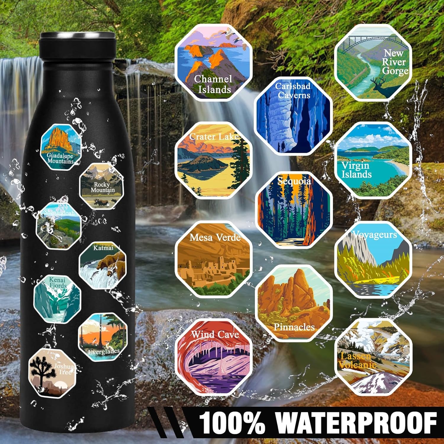 63 National Park Sticker Set,Outdoor Nature Adventure Hiking Inspiration Waterproof Stickers,Used for Water Bottles,Computers,Refrigerators,National Park Stickers of the USA