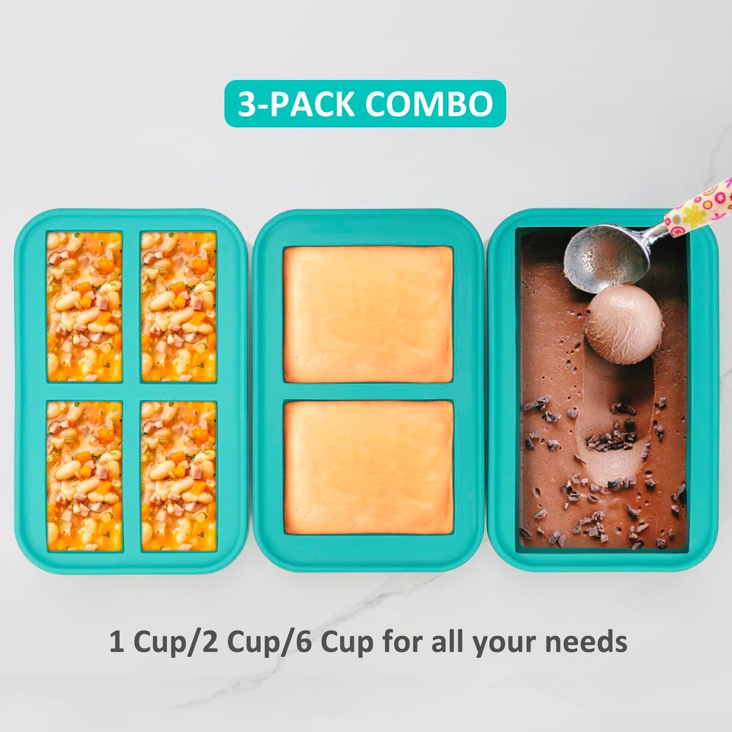 Silicone Freezer Trays with Lid, 3 Pack of 1 Cup 2 Cup 6 Cup, Airtight Large Silicone Ice Cube Tray Mold for Soup Cube Food Storage Meal Prep, Steel Reinforced Rim, Oven Dishwasher Safe, Aqua