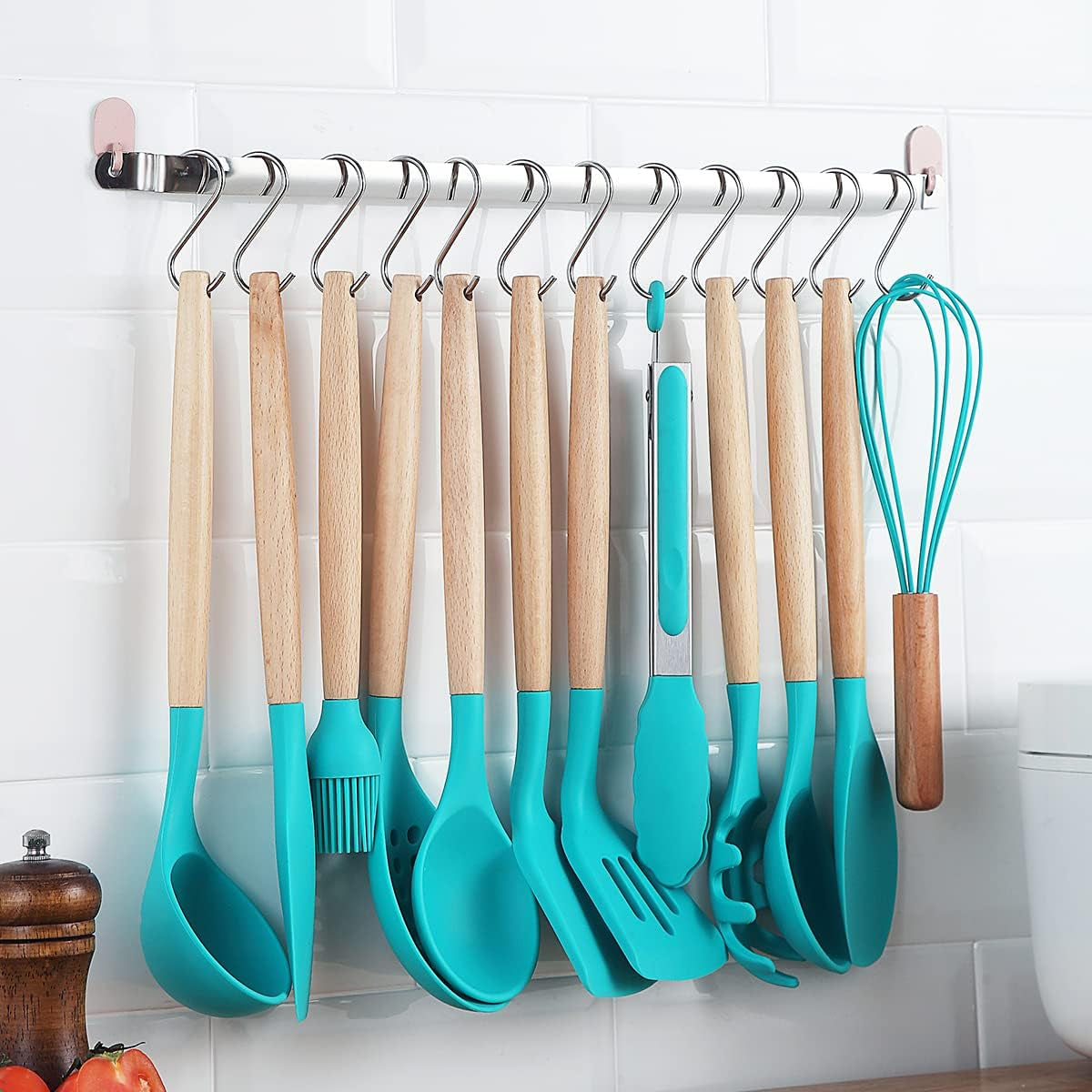38-Piece Silicone Kitchen Utensils Set with Non-Stick Cookware, Wooden Handles, Multi-Use Hooks, and Utensil Racks (Blue)