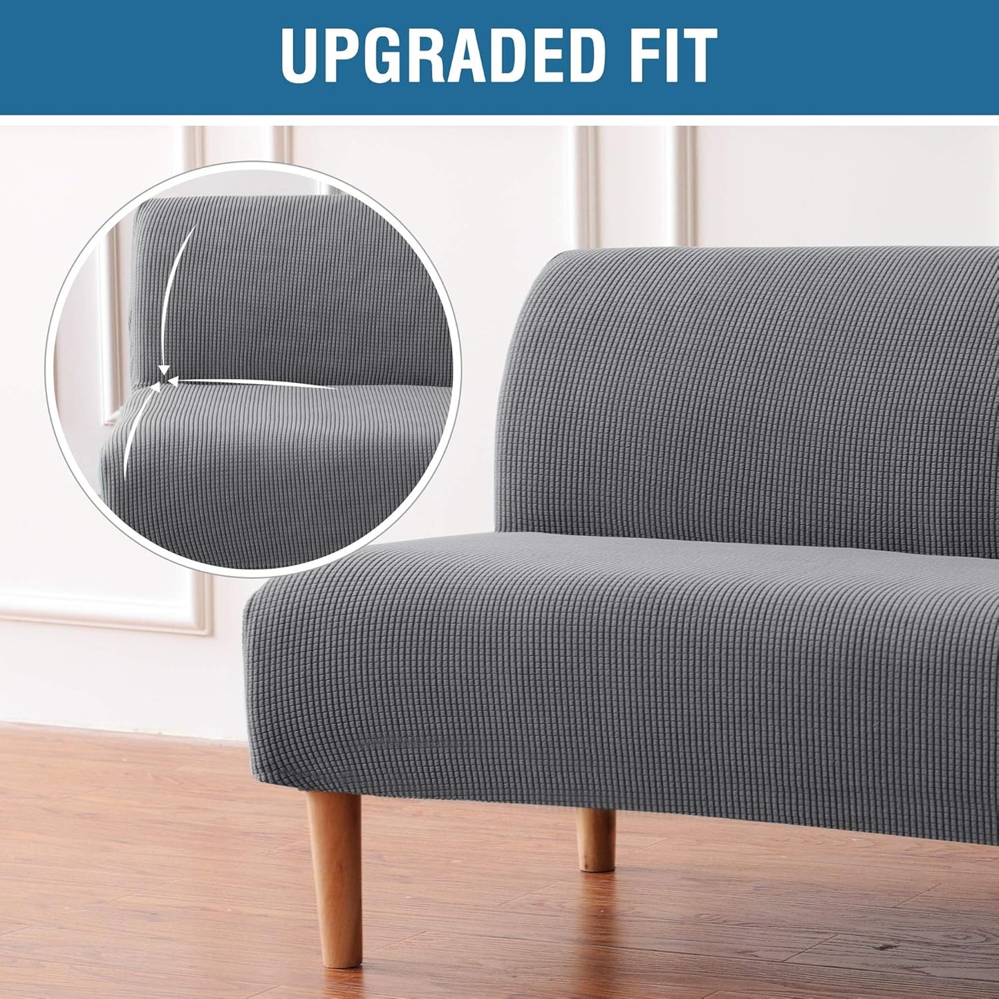 Armless Futon Cover Stretch Sofa Bed Slipcover Protector Elastic Feature Rich Textured High Spandex Small Checks Jacquard Fabric Futon Cover, Machine Washable, Gray