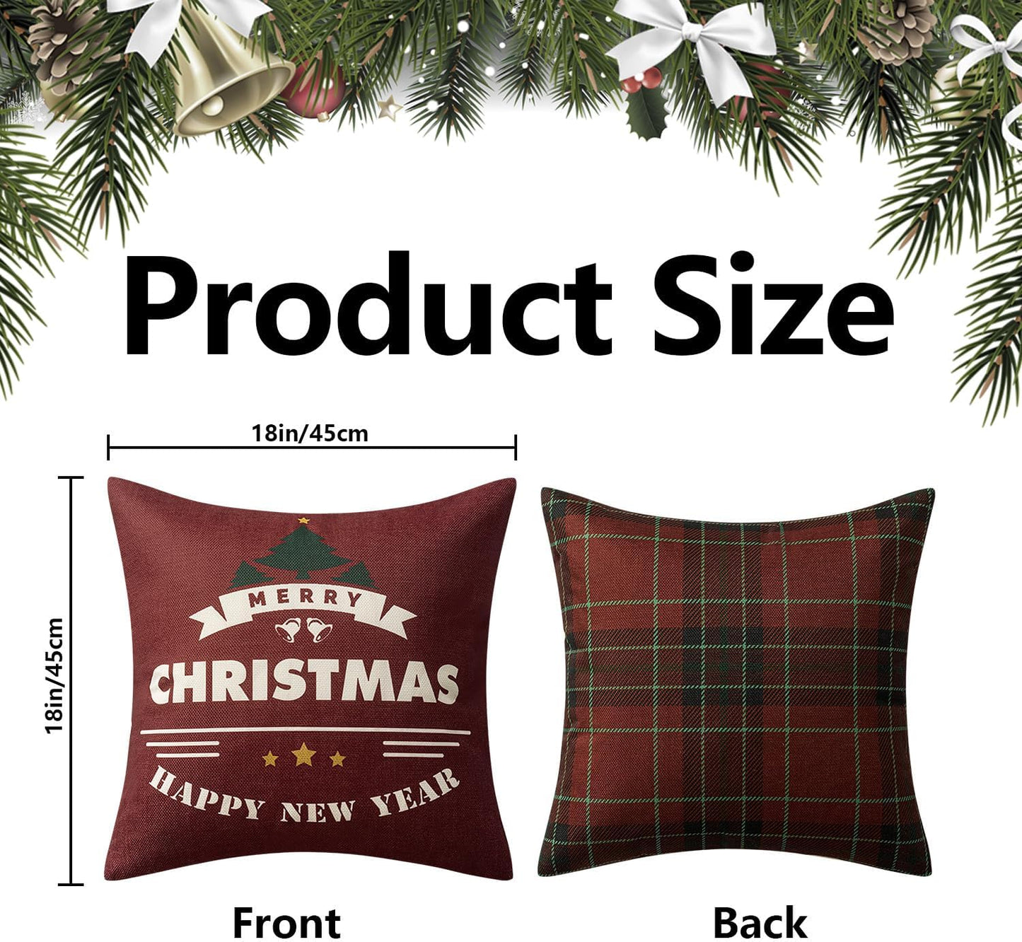 Christmas Tree Reindeer Wreath Pillow Covers Red and Green Plaid Throw Pillow Covers Set of 4 Winter Holiday Cushion Case Decoration Farmhouse Modern for Sofa Couch Home Decor,18X18 Inch