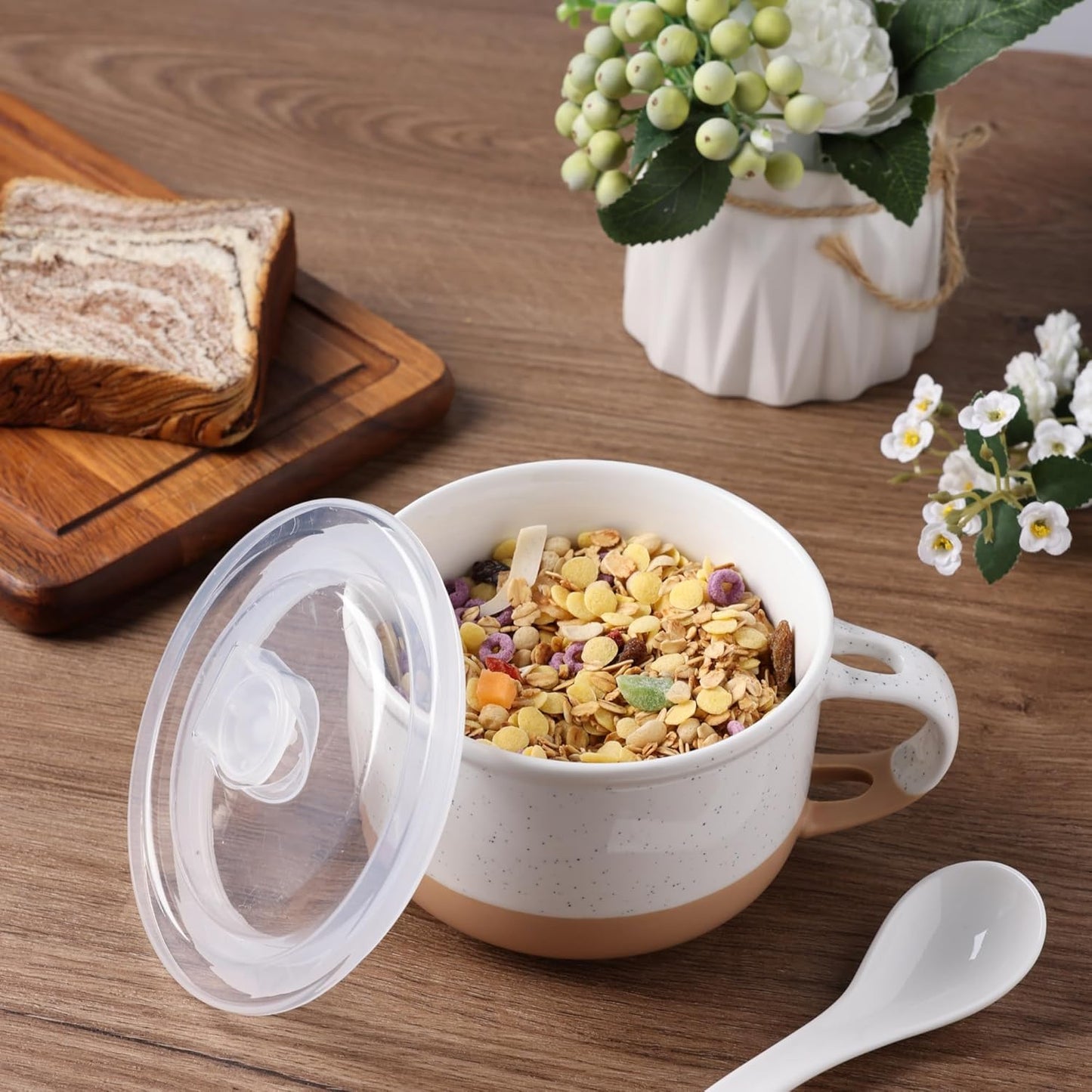 Ceramic Soup Mugs Set of 4 with Handles and Lids, 24 OZ Capacity, Terracotta Underside, Includes Spoons for Soup, Cereal, Salad, Noodles, and Ramen, Microwave and Dishwasher Safe - Colorful Design