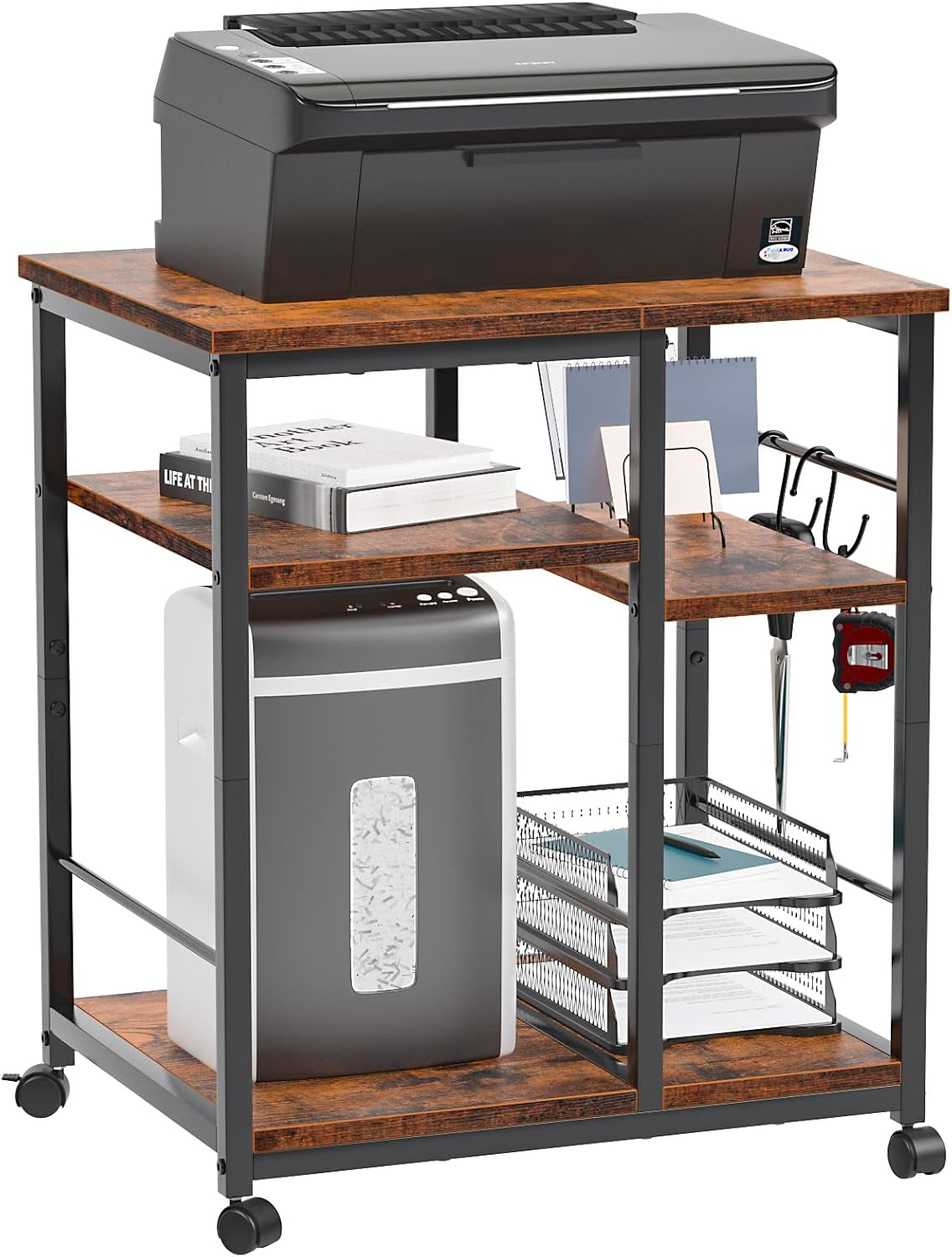 3 Tier Printer Stand for Home Office Organization, Mobile Printer Cart with Wheels and 2 Hooks, under Desk Shelf with Storage, for Living Room, Kitchen, Rustic Brown