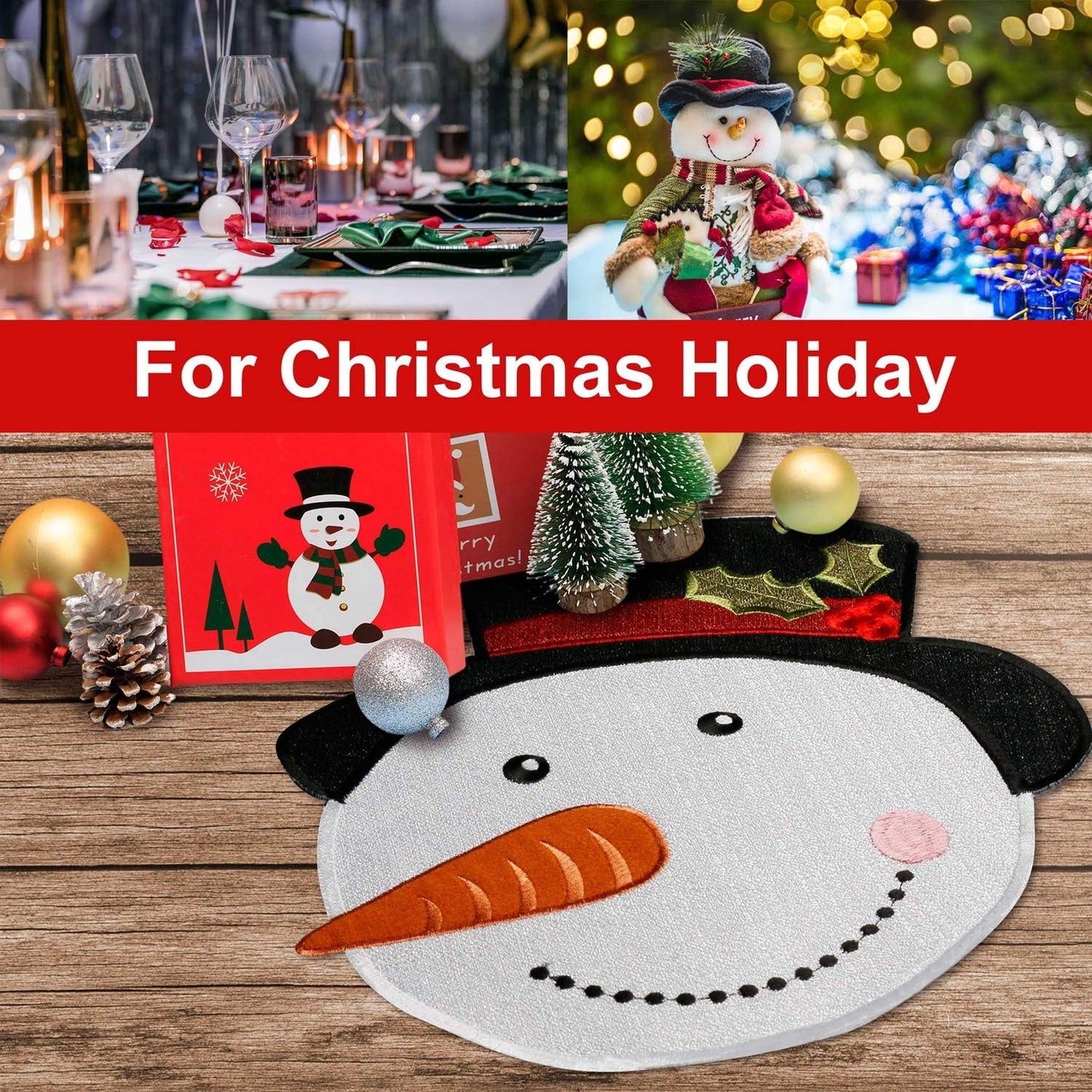 Christmas Placemats Set of 4, Xmas White Snowman round Place Mats for Holiday Kitchen Dining Table, Burlap Embroidered Doilies with Red and Green for Kids, Xmas, Parties, Machine Washable