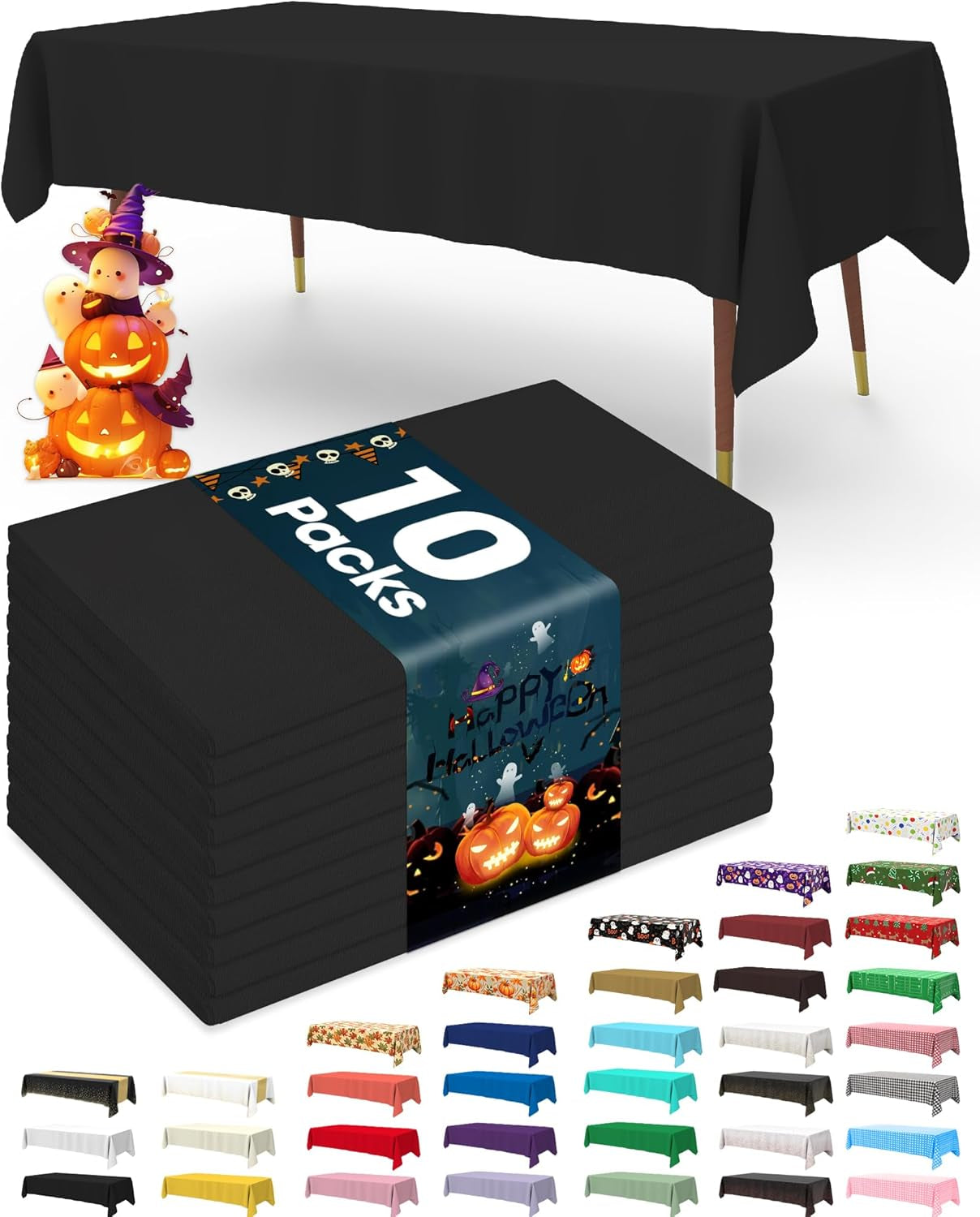 Plastic Table Cloth Disposable 10 Pack, 54 X 108 Inch Table Cloths, Halloween Party Decorations, Summerween Decor, Halloween Tablecloths, Rectangle, Plastic Cover, Leakproof & Sturdy, Black