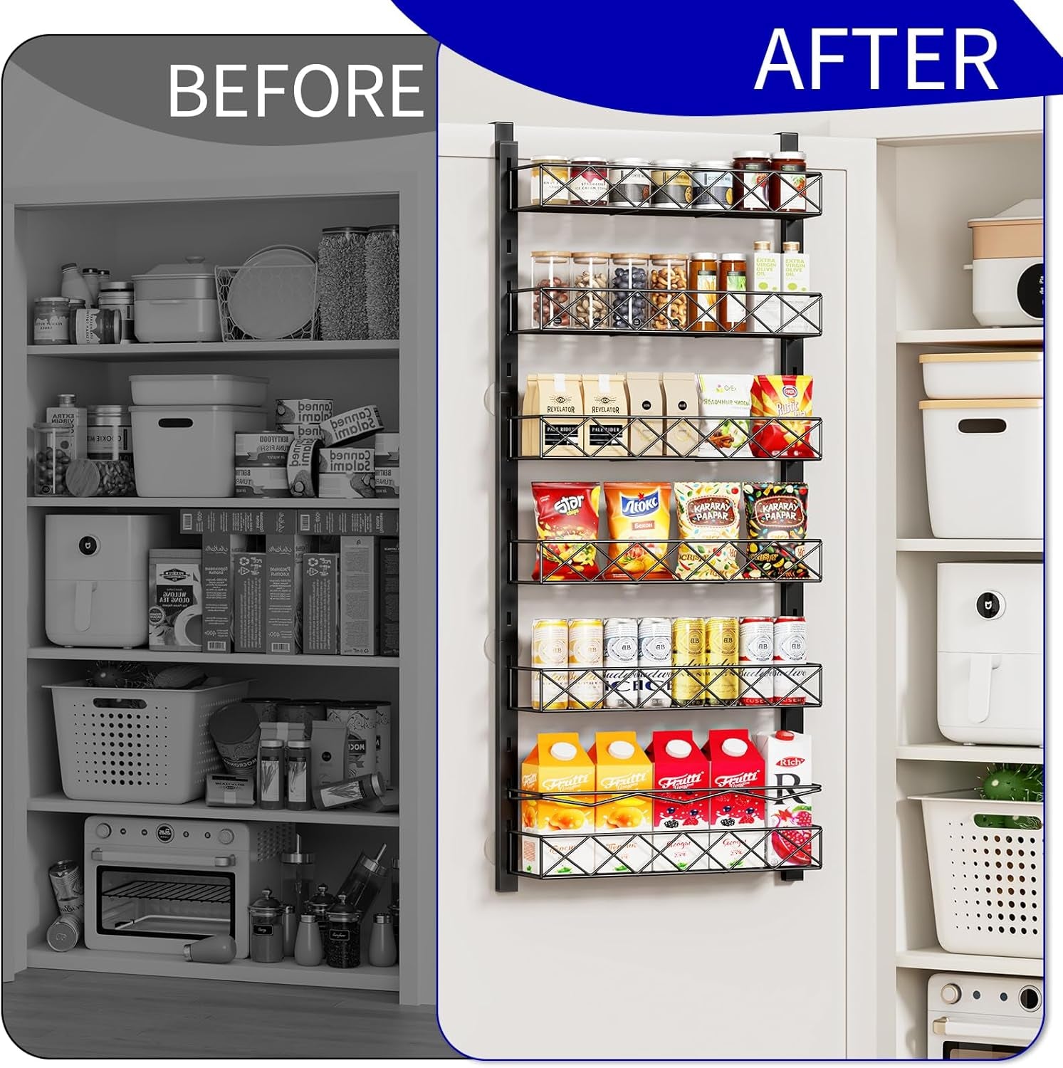 over the Door Organizer, Black 6-Tier Pantry Door Organizer with Adjustable Basket, Hanging Spice Rack Cabinet Door Shelves, Laundry Room Organization and Storage