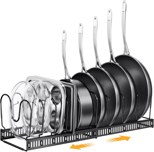 Expandable Pans and Pots Lid Organizer Rack for Cabinet - Rubber-Dipped Pan Organizer Rack for Kitchen Cabinet Organizers and Storage with 10 Adjustable Dividers and Anti-Scratch Strip