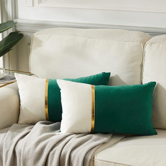 2 Packs Christmas Lumbar Decorative Throw Pillow Covers 12X20 Inch for Living Room Couch Bed, Green and White Velvet Patchwork with Gold Leather, Rectangle Cushion Case 30X50 Cm