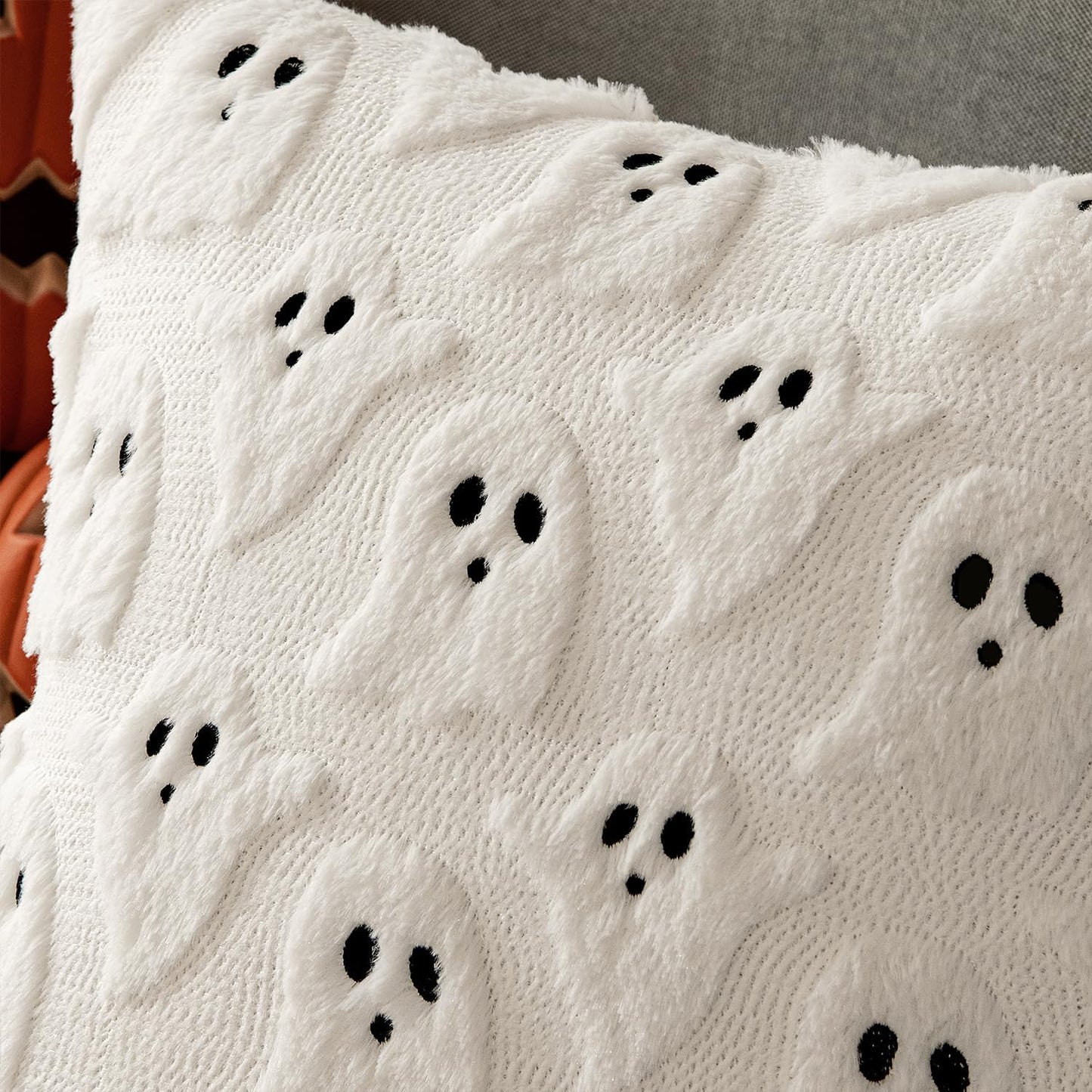 Halloween Decorative Pillow Covers - Set of 2 Soft Plush Faux Fur Ghost Design Cushions for Couch, Sofa, Bed, and Porch - 18x18 Inch Cream White