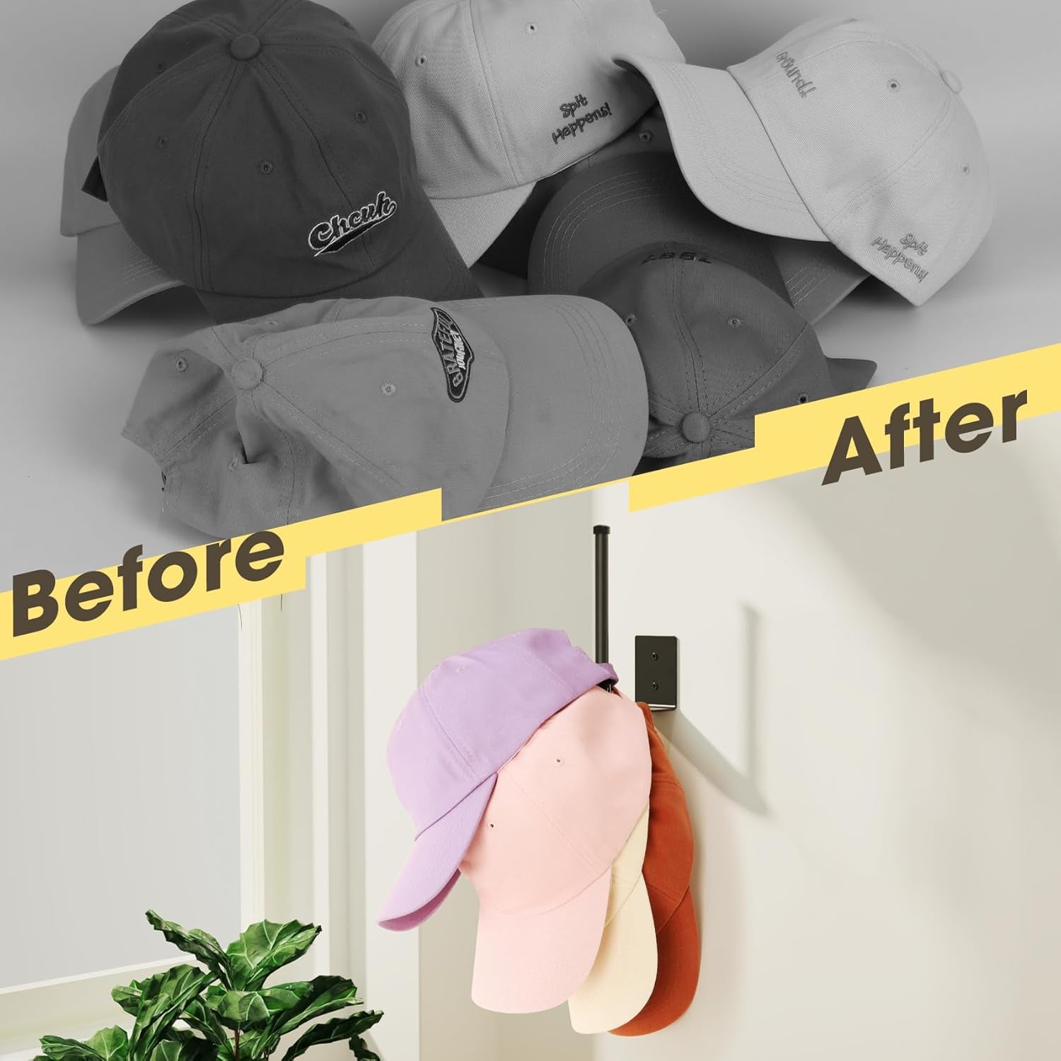 2 Pack Hat Racks for Baseball Caps, Stainless Steel Hat Organizer for Baseball Cap, Hat Holder Storage Organizer, Hat Hanger Strong Adhesive/Wall Drilled for Door, Bedroom, Closet(Black 6 In)