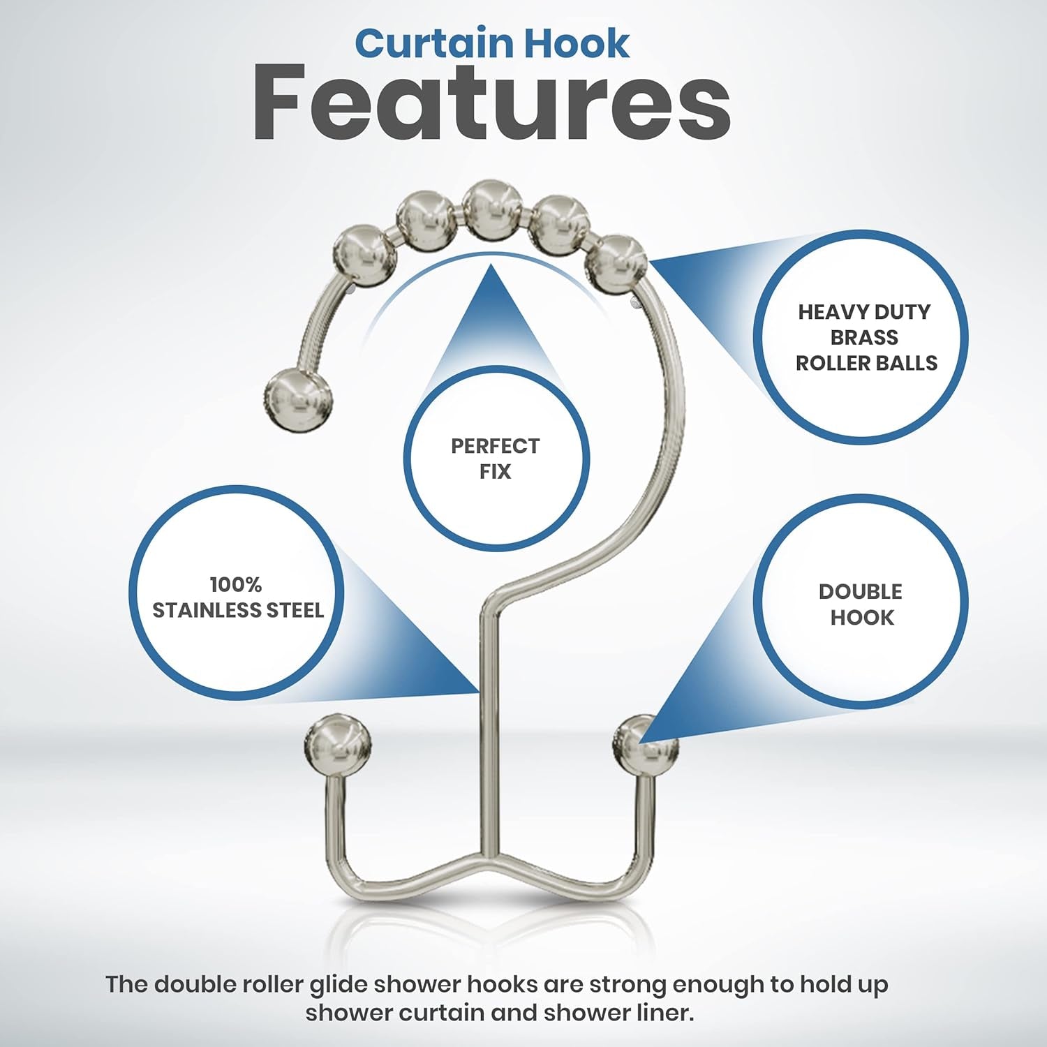 Double Glide Roller Set of 12 Shower Curtain Hooks, Double Sided Rings, Rust Proof Shower Curtain Rings, Nickel