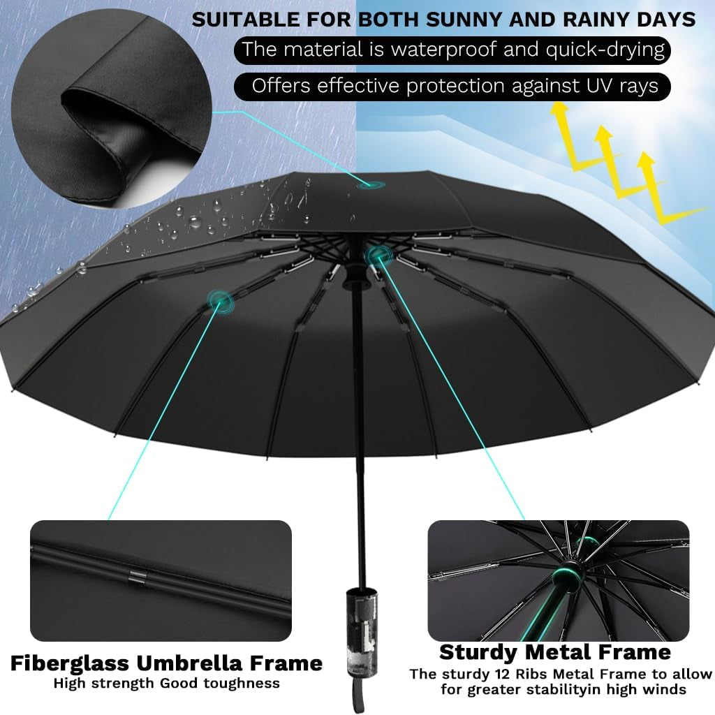Automatic Compact Travel Umbrella, Windproof Folding 12 Ribs Umbrella for Rain & Sun with UV Protection, Lightweight & Portable for Men and Women