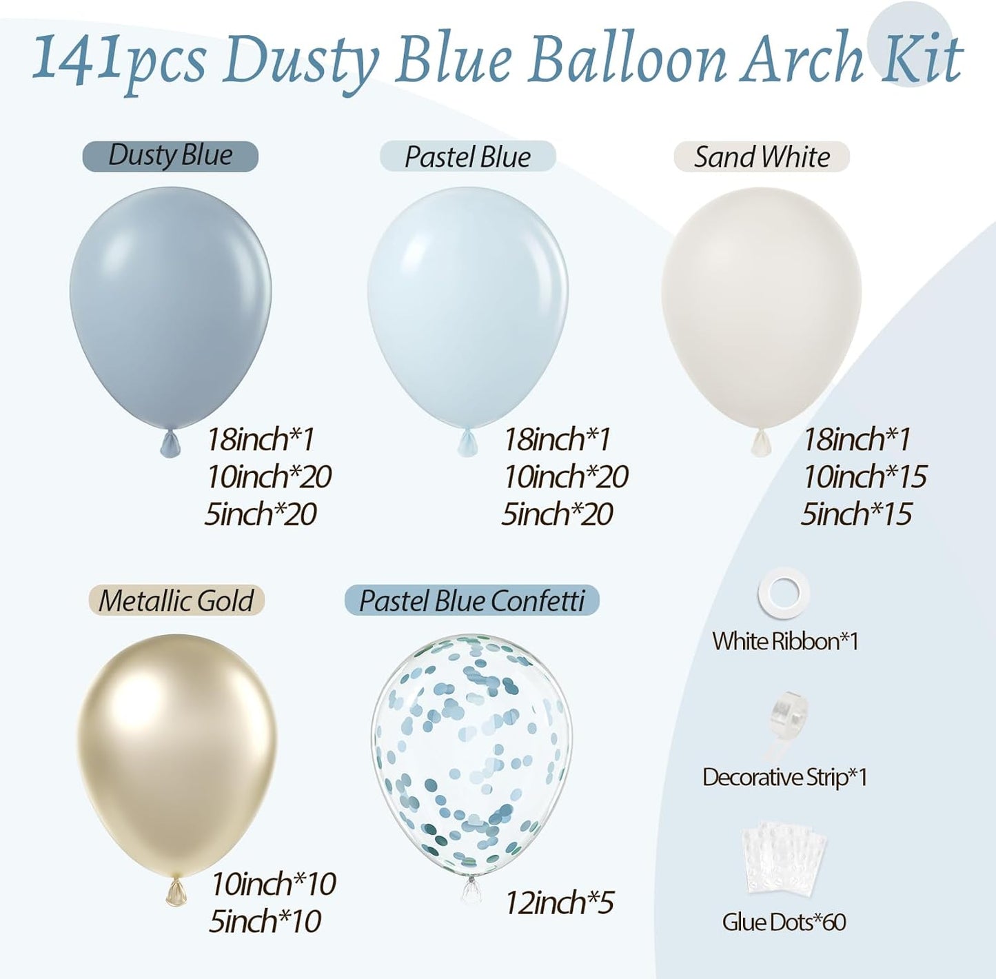 141Pcs Dusty Blue Balloons, Dusty Blue Balloon Arch Kit with Gold White Sand Pastel Blue Confetti Balloons for Gender Reveal Birthday Baby Shower Decorations