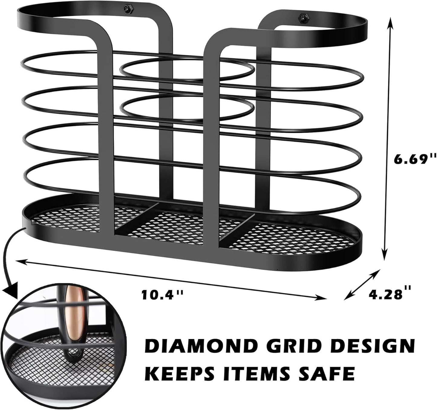 Wall-Mounted Hair Dryer Holder - Adhesive Bathroom Organizer for Hot Tools and Electric Shavers, Black