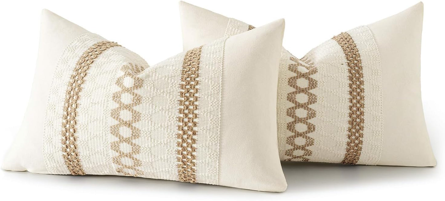 Set of 2 Neutral Boho Decorative Lumbar Pillow Covers 12X20 Inch Farmhouse Rustic Couch Throw Pillows Modern Cotton Cushion Covers Retro Cute Macrame Woven Home Decor for Bed Sofa Chair