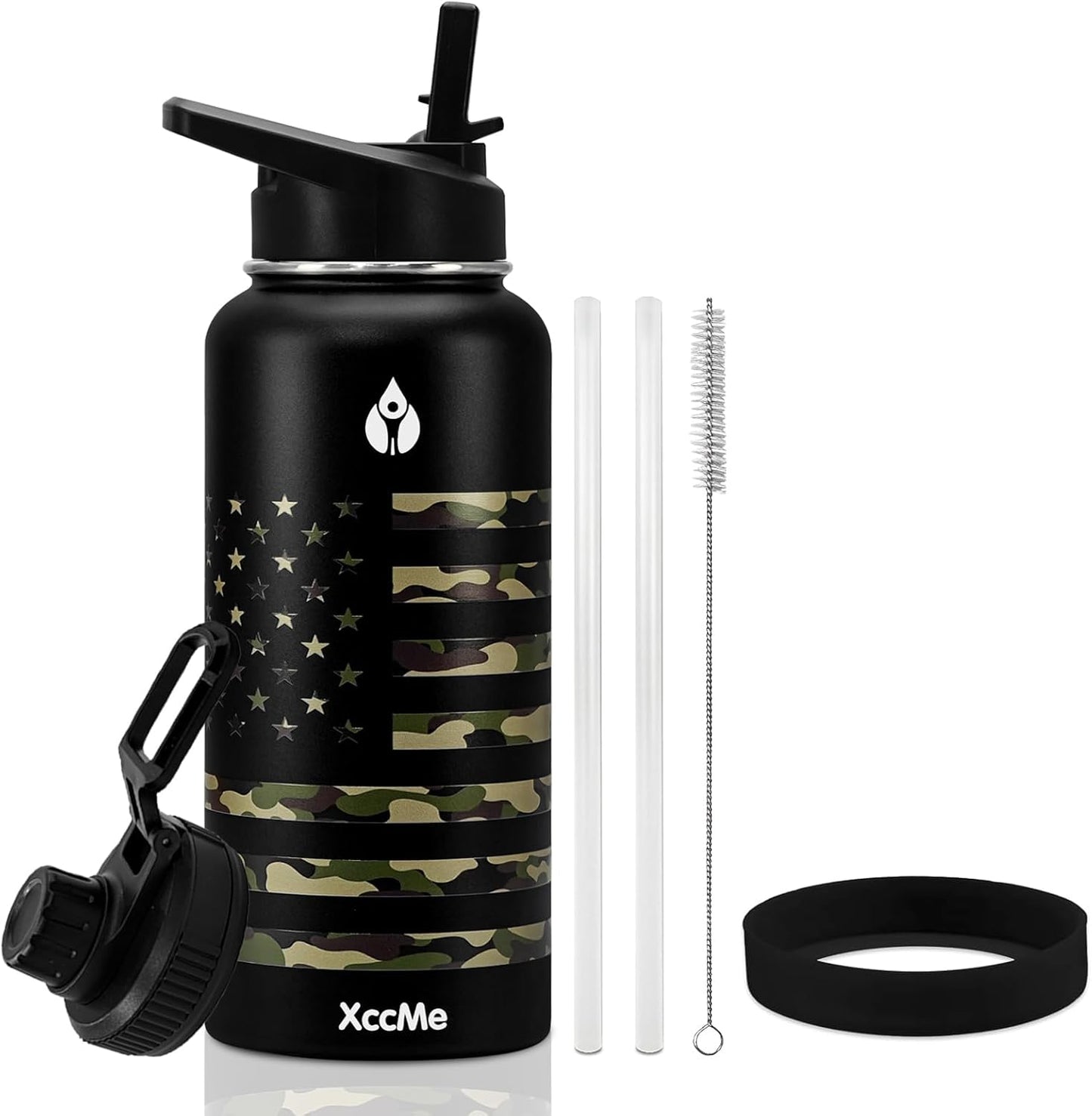 32 Oz Insulated Water Bottle,Stainless Steel Leak Proof Water Bottles,Wide Mouth Double Walled Travel Thermal Mug with 2 Lids for Cold Water Drinks,Sports,Travel,Car and School Camouflage