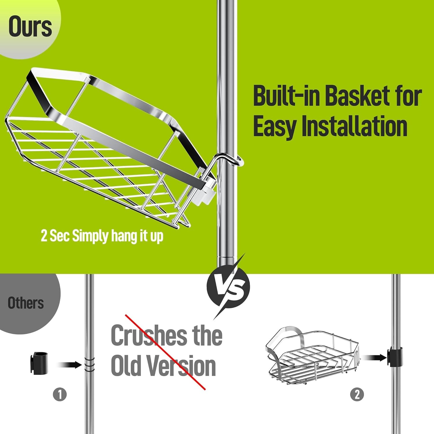 Corner Shower Caddy Tension Pole, Stainless Steel Shower Organizer, Strong Spring, 4 Adhesive Pads, 2.4" Non-Slip Grid Base, Adjustable 4-Tier Basket, 4 Hooks, Fits Heights 37.8-124", Silver